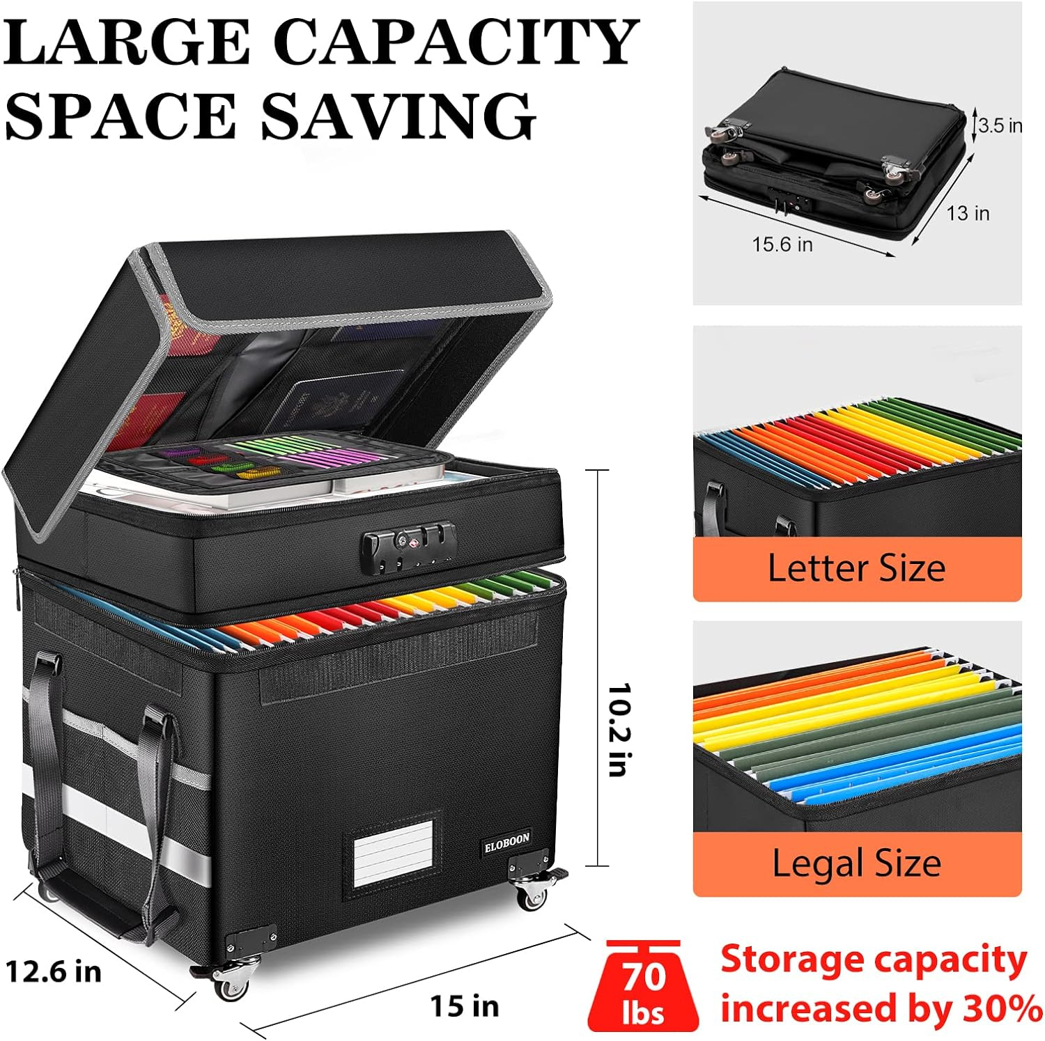 Collapsible File Organizer Box with Lock, Fireproof Document Box on Wheels, Rolling File Cabinet for Hanging Letter/Legal Folders, Black