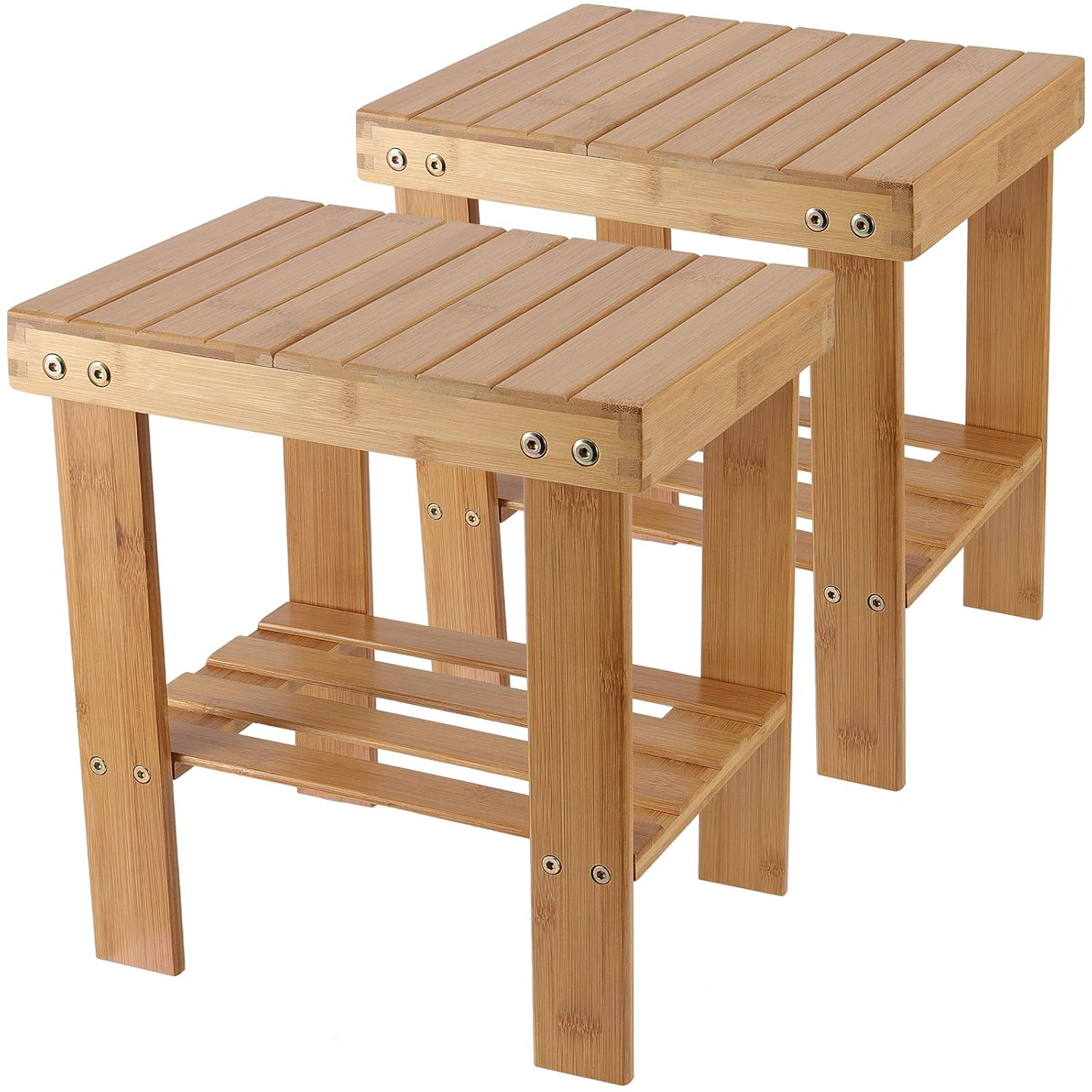 2 Pack Bamboo Step Stool, Bamboo Shower Bench, Bamboo Foot Stool, Bamboo Seat Stool for Home, Garden, Living Room, Kitchen, Bathroom, Bedroom