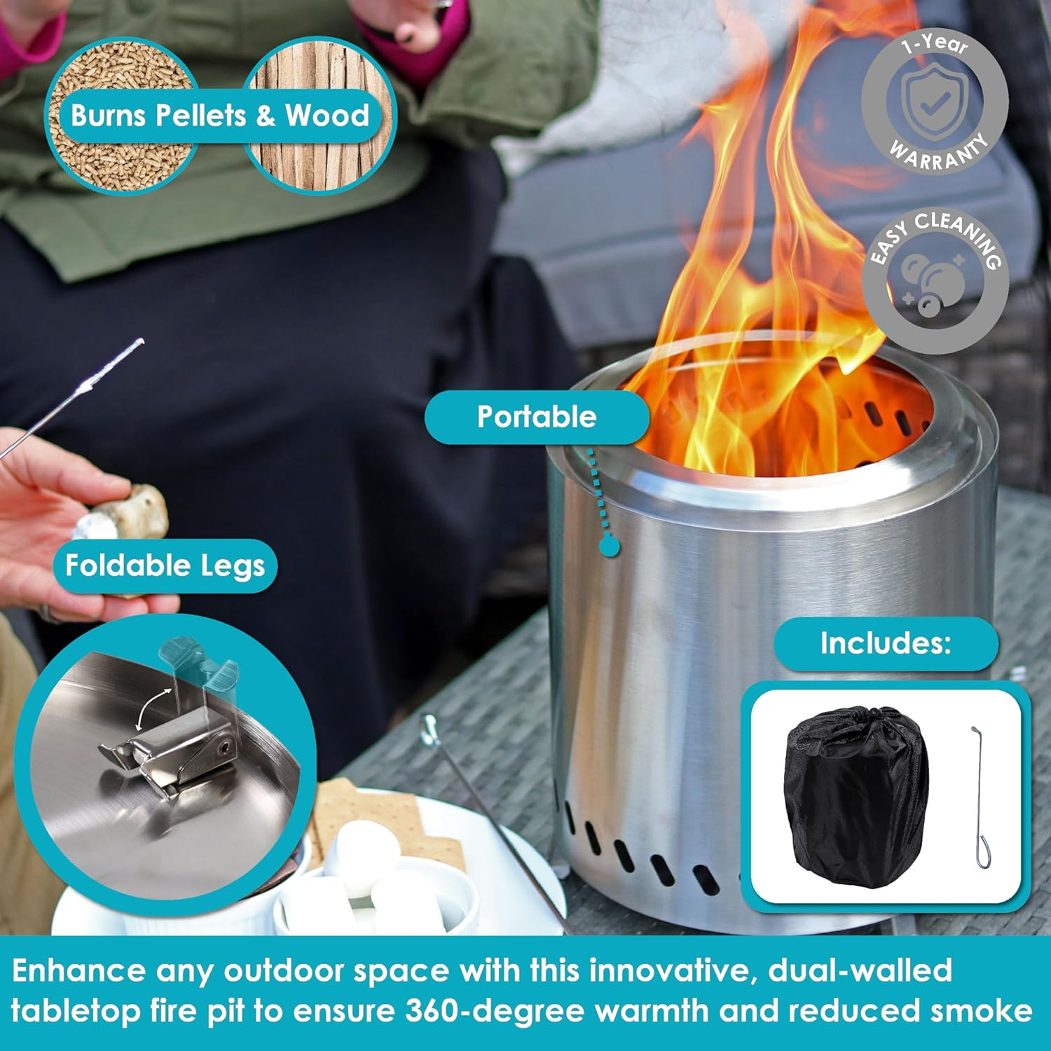 Sunnydaze 9.5" Round Wood-Burning Silver Finish Stainless Steel Tabletop Smokeless Fire Pit
