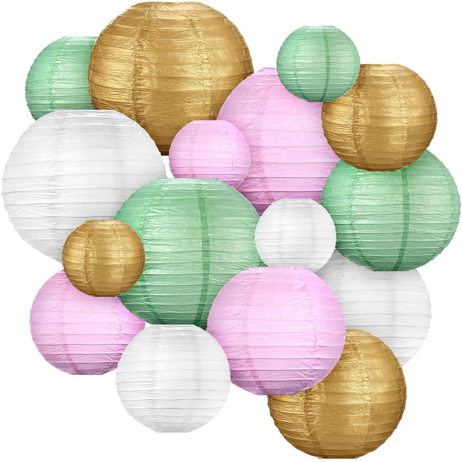Riakrum 16 Pcs Sage Green Gold Pink Paper Lanterns Party Decorations Mixed Size 6'' 8'' 10'' 12'' Chinese Hanging Round Lanterns for Baby Shower Birthday Wedding Home Decorations Supplies
