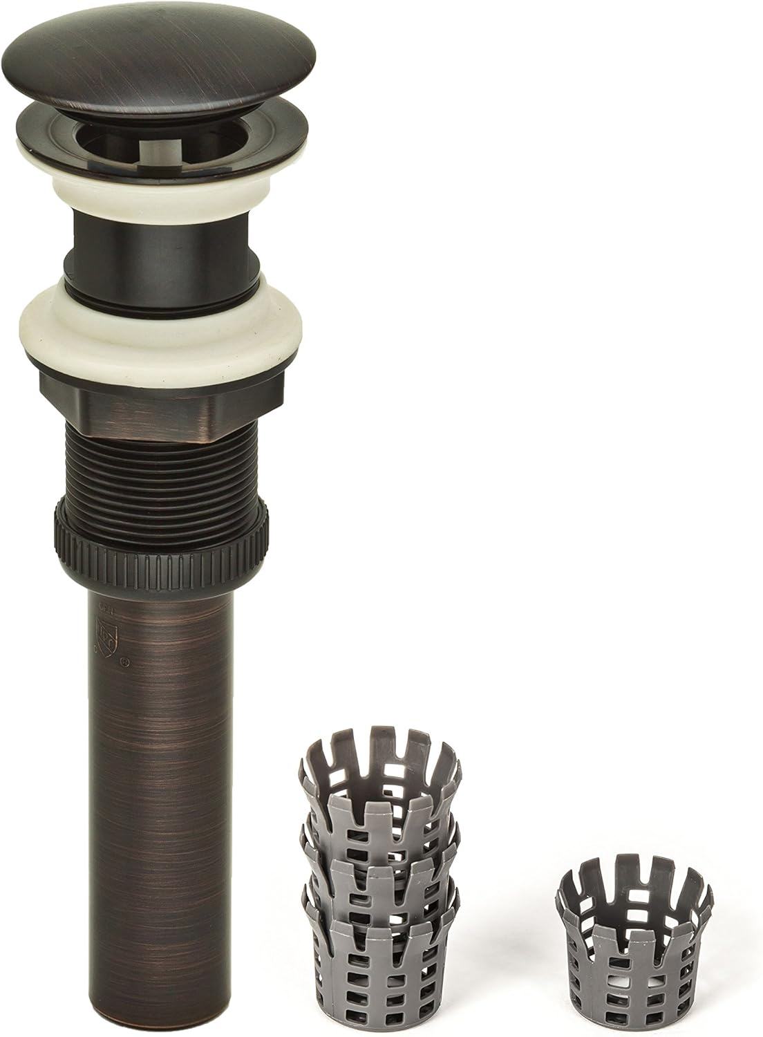 DecoDRAIN Push Open/Close Pop-Up Drain, ABS Body w/ Hair Catcher w/o Overflow, 2.5" Cap, 1.6-2.2" Sink Hole, Bronze