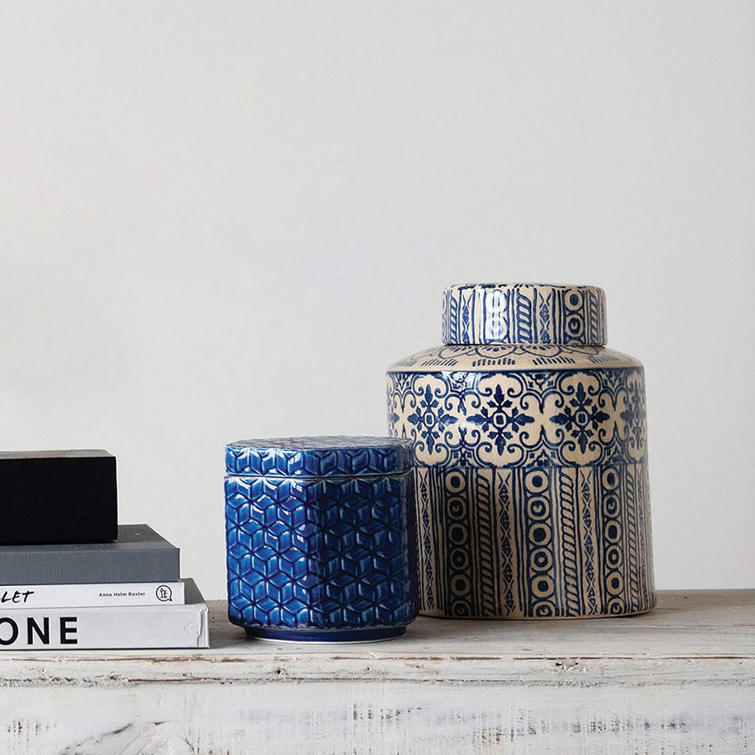 Elegant Blue & Cream Stoneware Ginger Jar, 8"W x 10.25"H