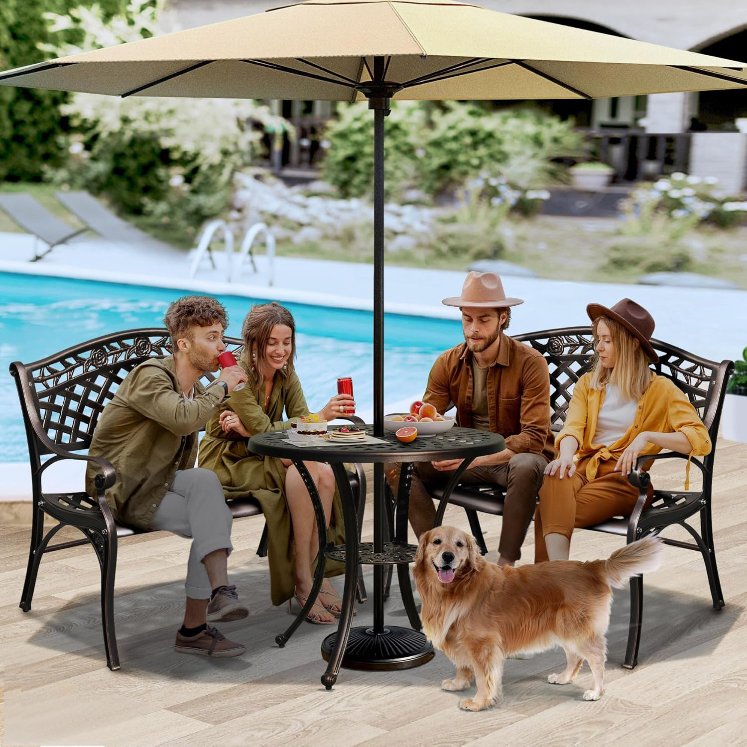 DWVO Cast Aluminum Outdoor Bench, 39.4’’ Patio Garden Benches for Outdoors, Metal Frame Patio Bench for Backyard, Lawn, Deck, Porch, Park, Bronze