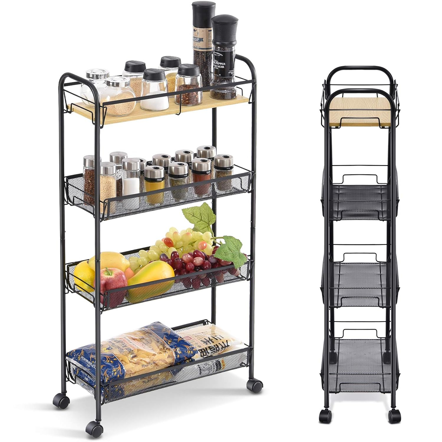 KINGRACK 4-Tier Slim Rolling Cart,Metal Utility Cart,Slide Out Storage Cart with Wooden Tabletop and Mesh Baskets for Narrow Space on Kitchen Bathroom Laundry Room Bedroom Apartments Dormitory, Black