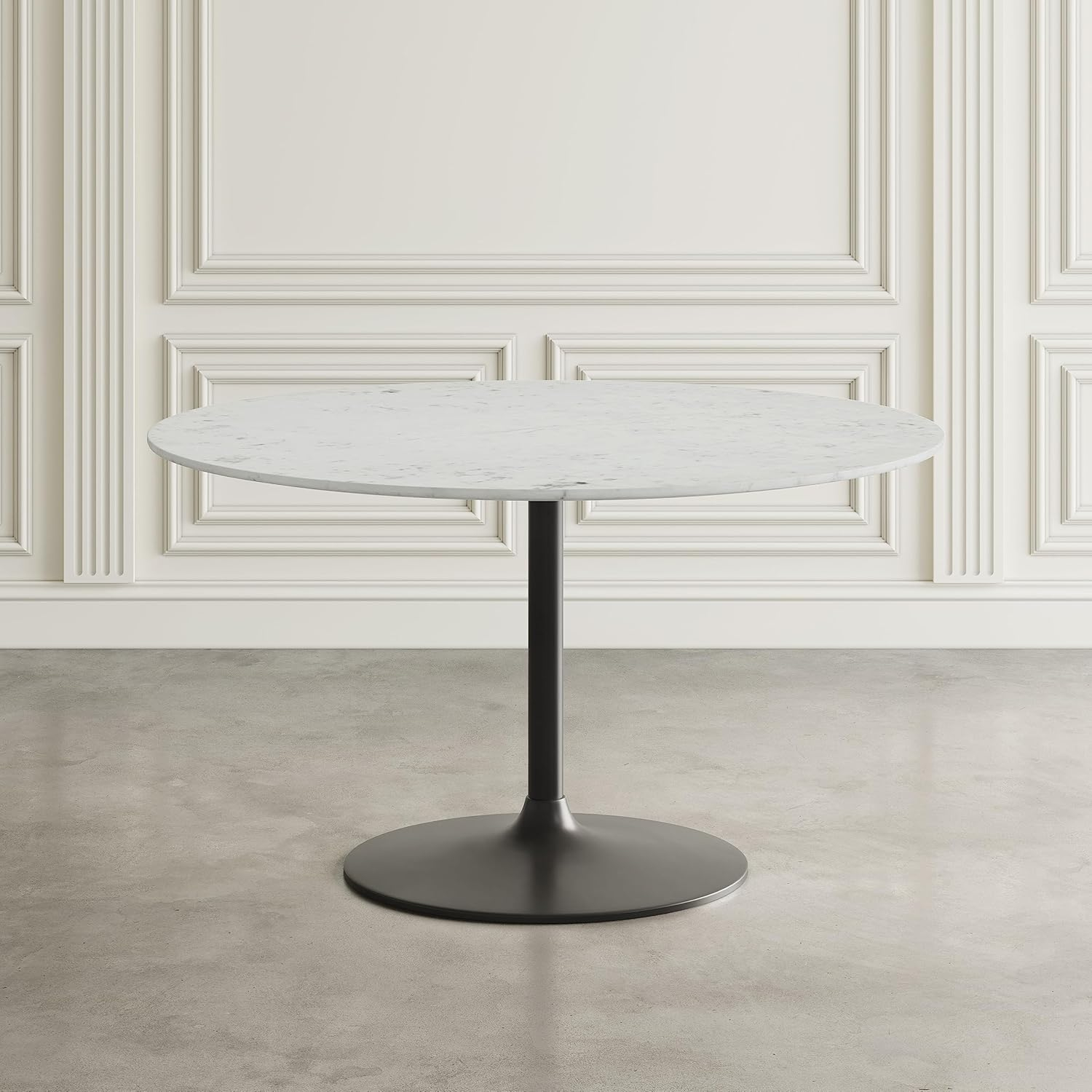 Rowan 42" White Marble Round Dining Table with Black Iron Base