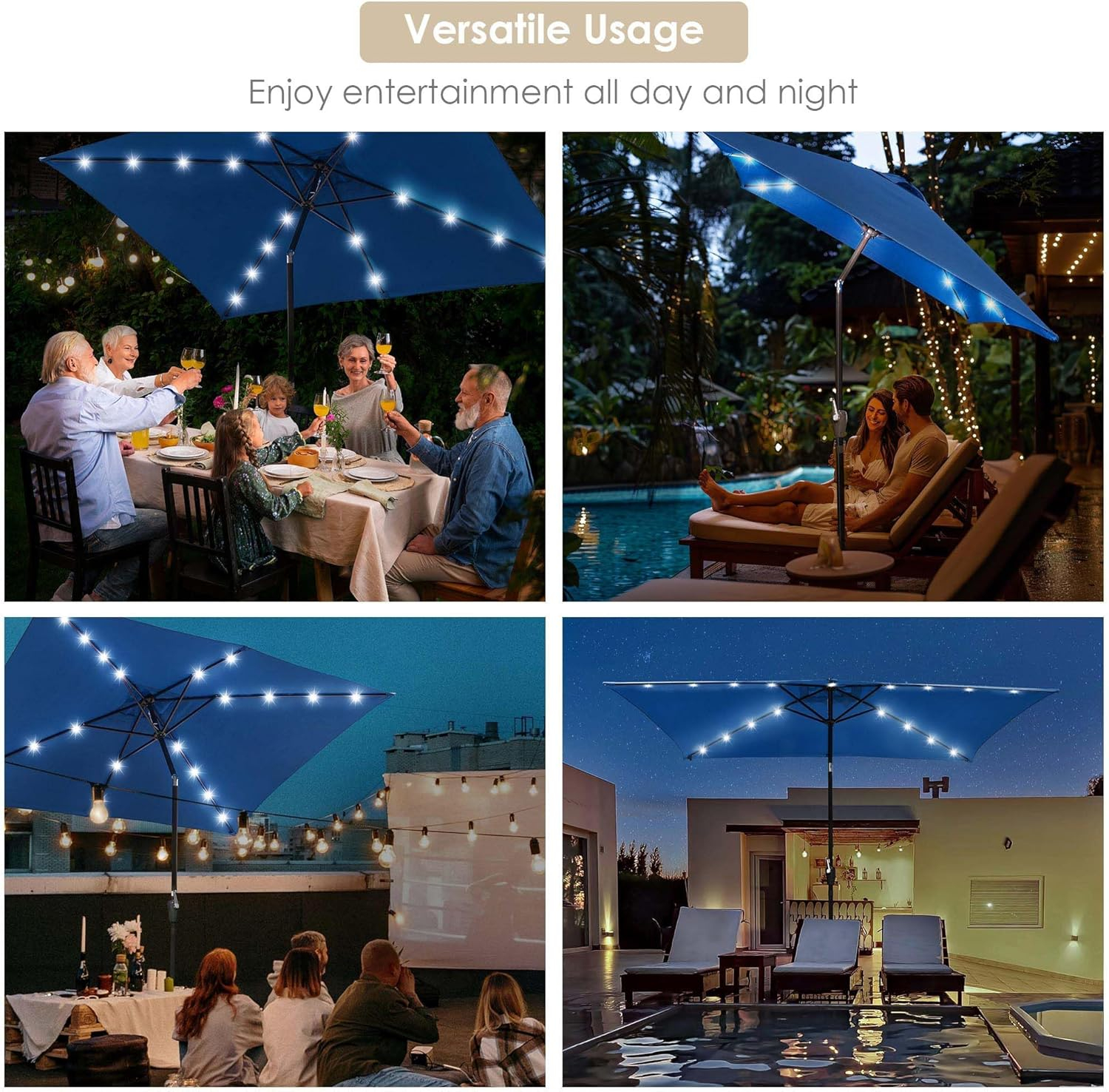 Navy 9ft Solar LED Patio Umbrella with Crank and Tilt