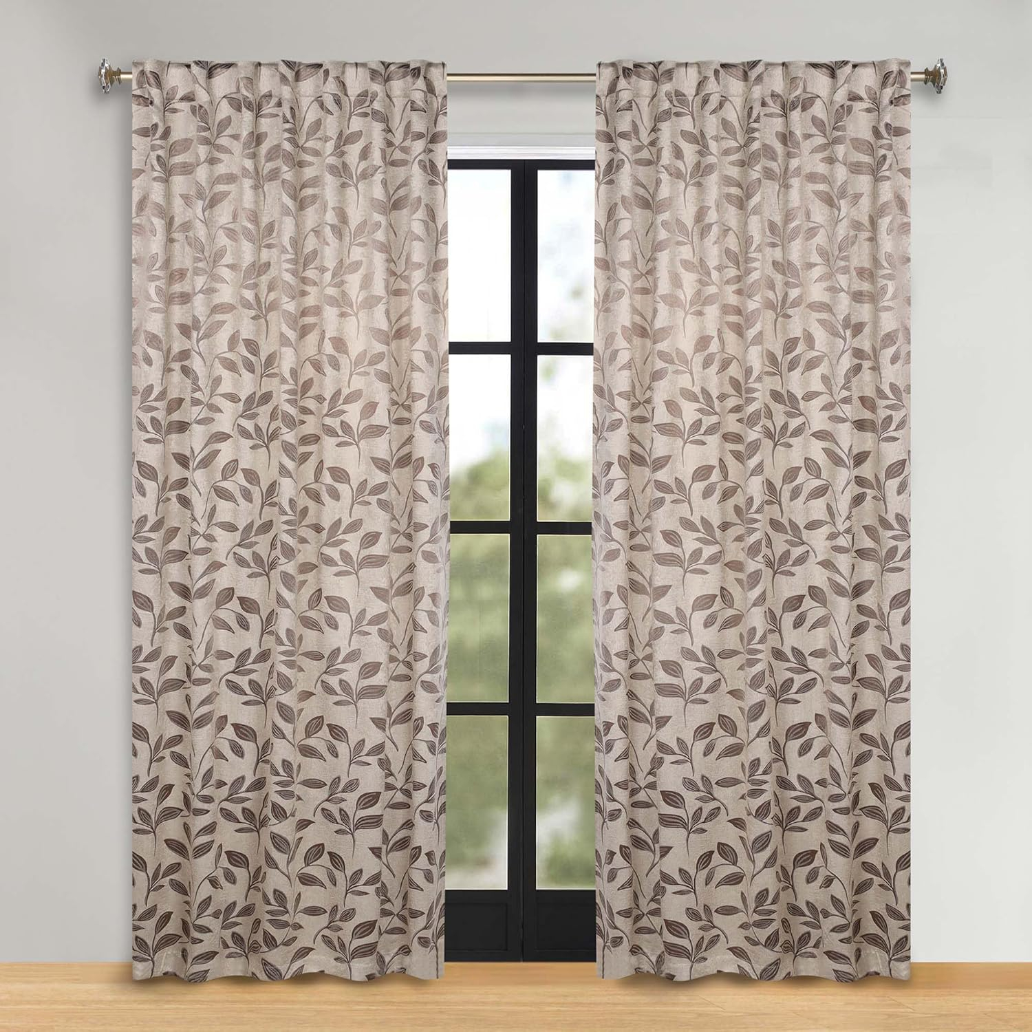 Superior Blackout Leaves Light Filtering Back Tap Curtain Panel Set, 52"x96", Espresso