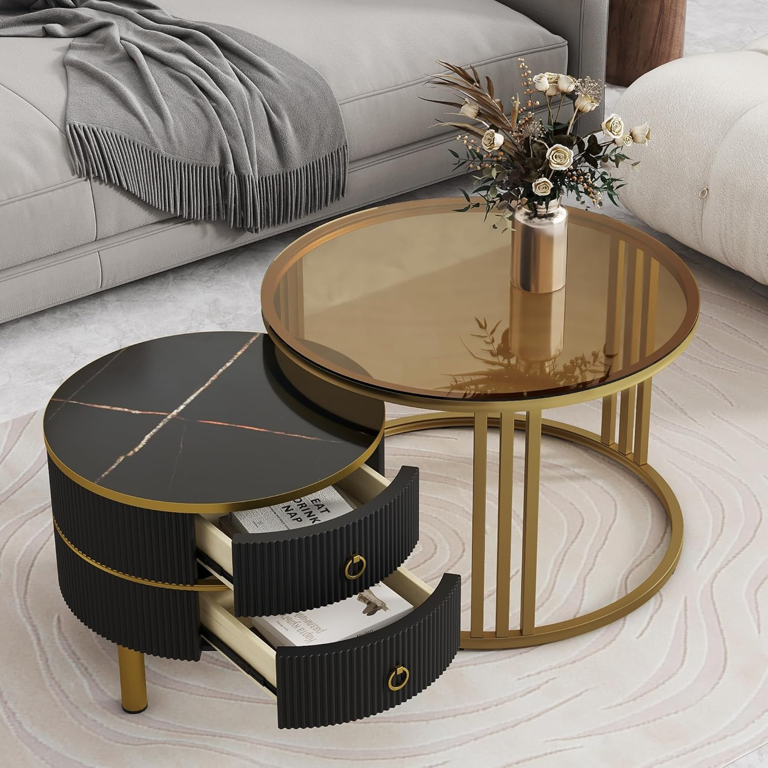 Modern Round Nesting Coffee Table Fluted with Drawer Multiple End Tables Utility Table Telephone Table for Living Room Office Bedroom Balcony, White & Gold