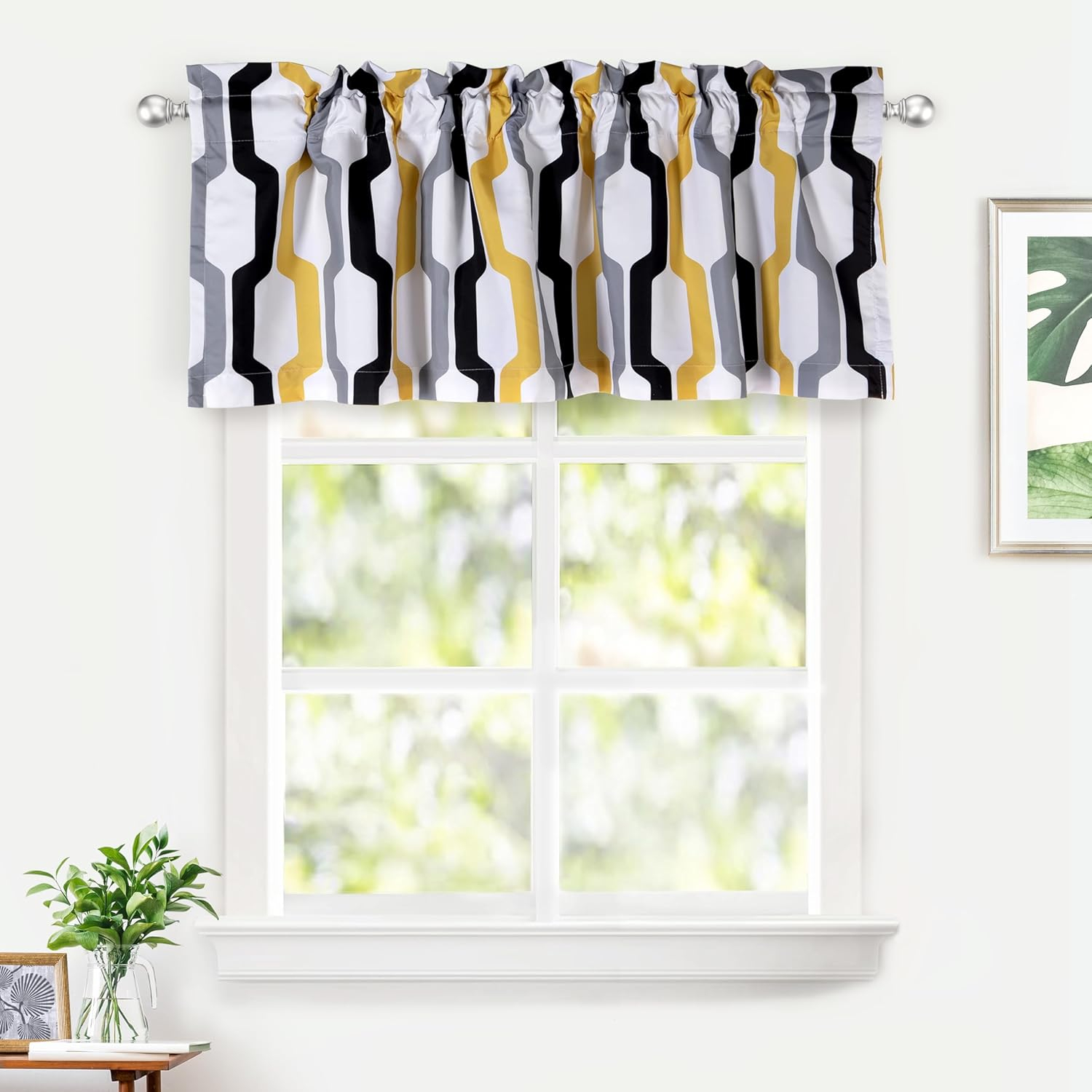 DriftAway Riley Geo Lined Window Curtain Valance Mid Century Geometric Pattern 2 Layers Rod Pocket 52 Inch by 18 Inch Plus 2 Inch Gold White