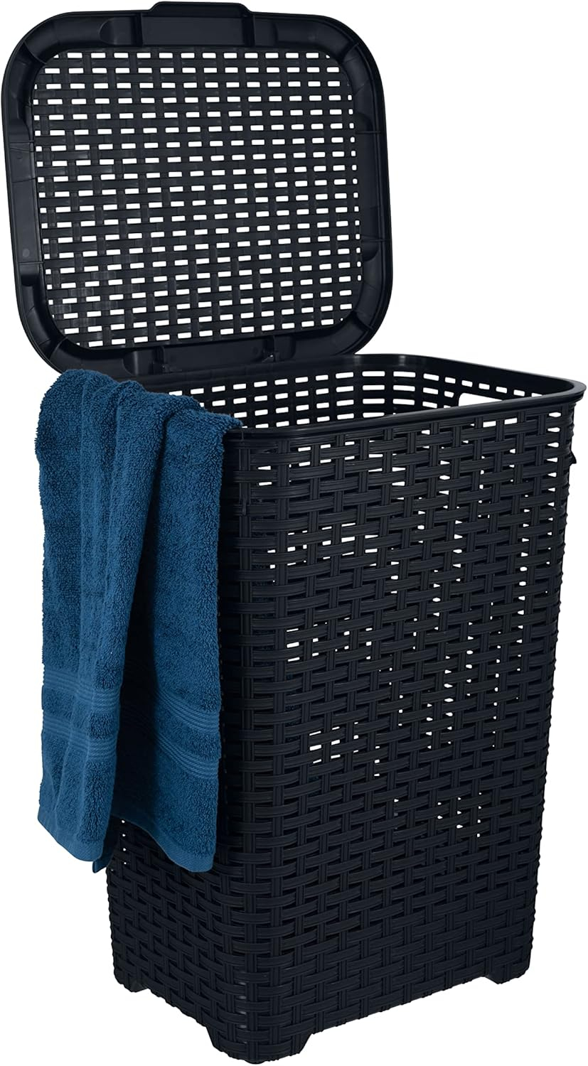 Laundry Basket, Laundry Hamper with Lid, Large 60-liter Wicker Style Hamper with Cutout Handle, to Storage Dirty Clothes in Washroom, Bathroom, Bedroom, or Dorm Room, Grey Color. By Superio