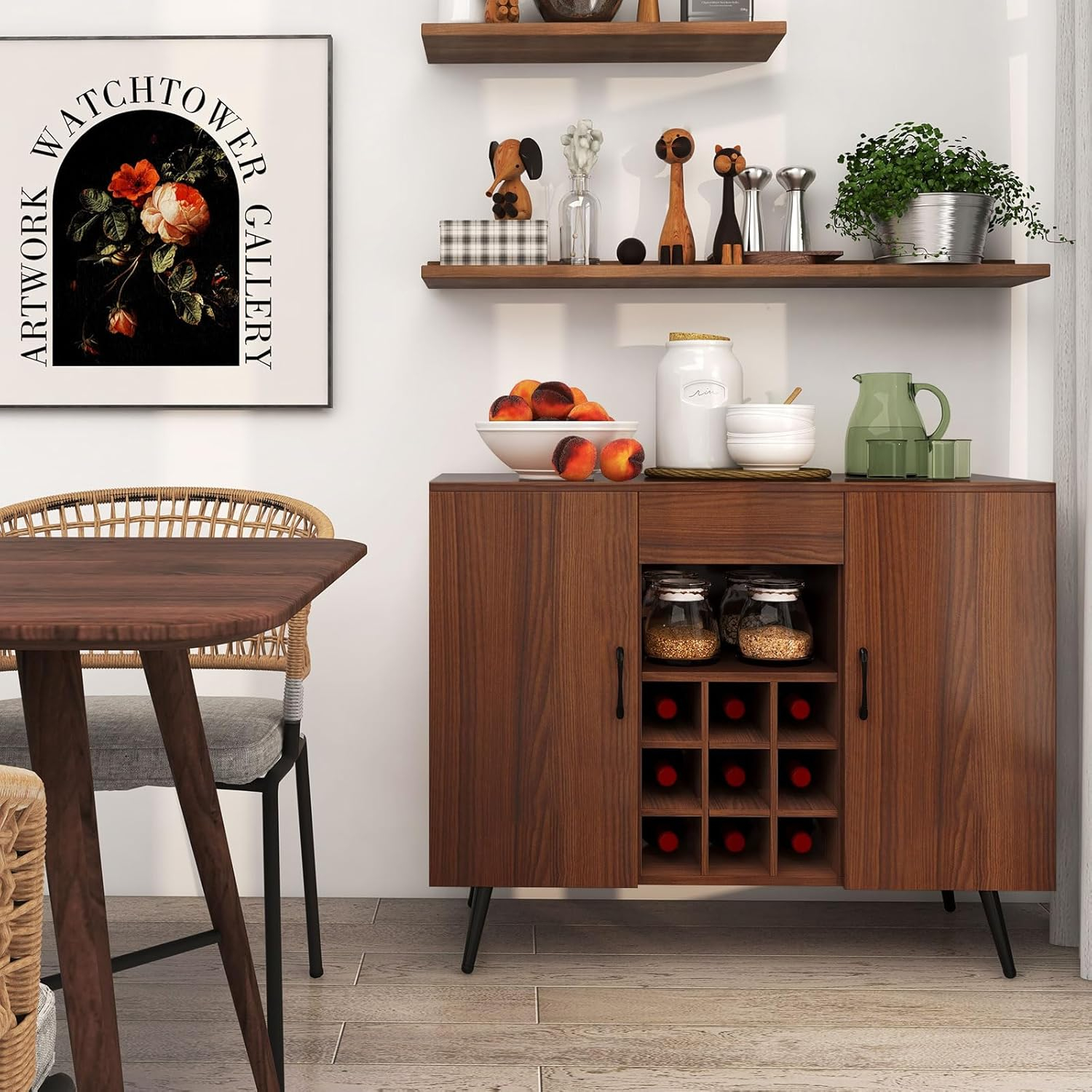 Mid-century Modern Buffet Sideboard Server Cabinet with 9-Bottle Wine Rack