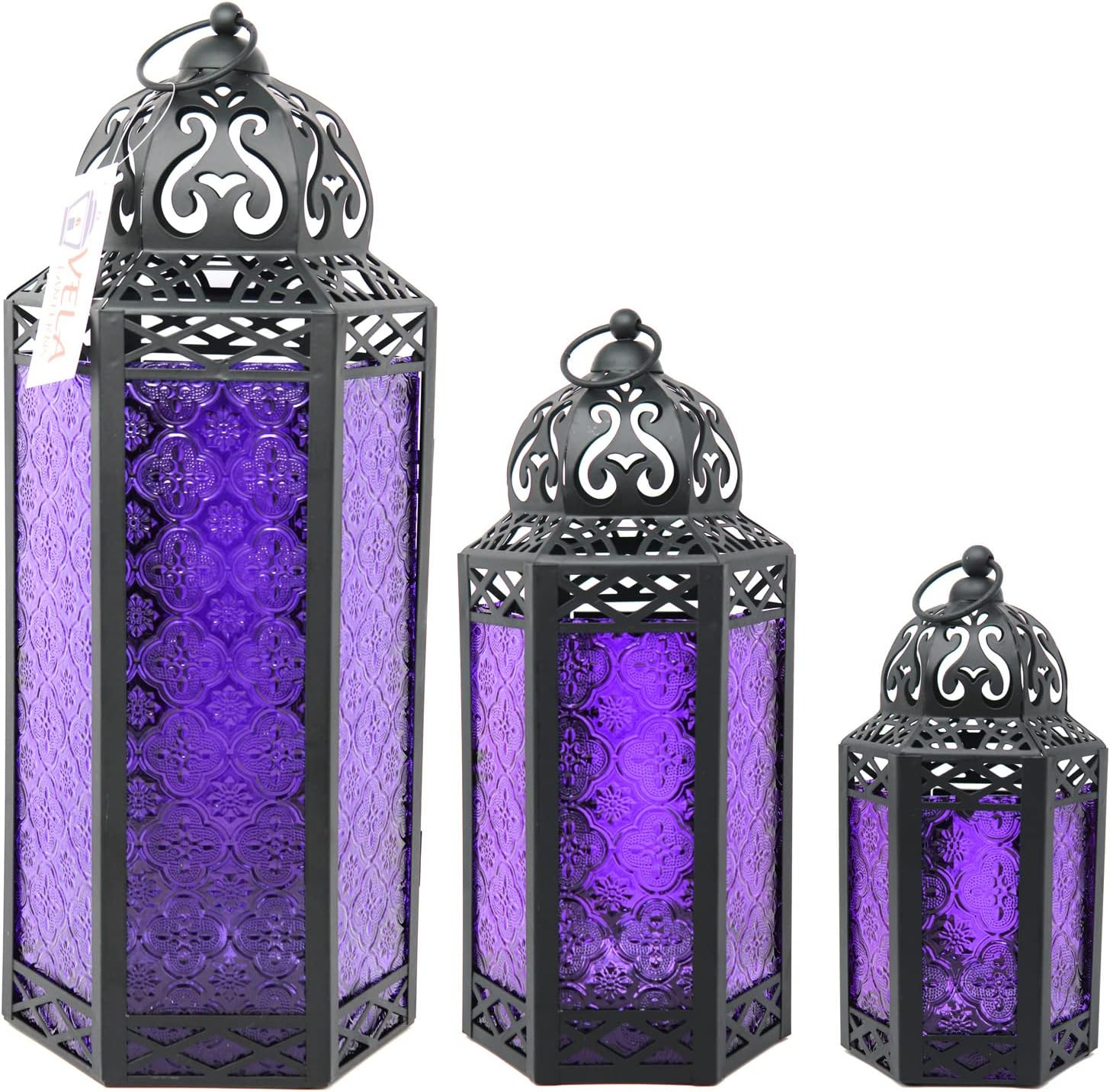 VELA LANTERNS 10.5" Purple Gothic Moroccan Candle Lantern Decorative Candle Holder Lamp for Table or Hanging, Ramadan Decorations, Indoor Home Room Halloween Decor, Outdoor Patio or Porch, Medium
