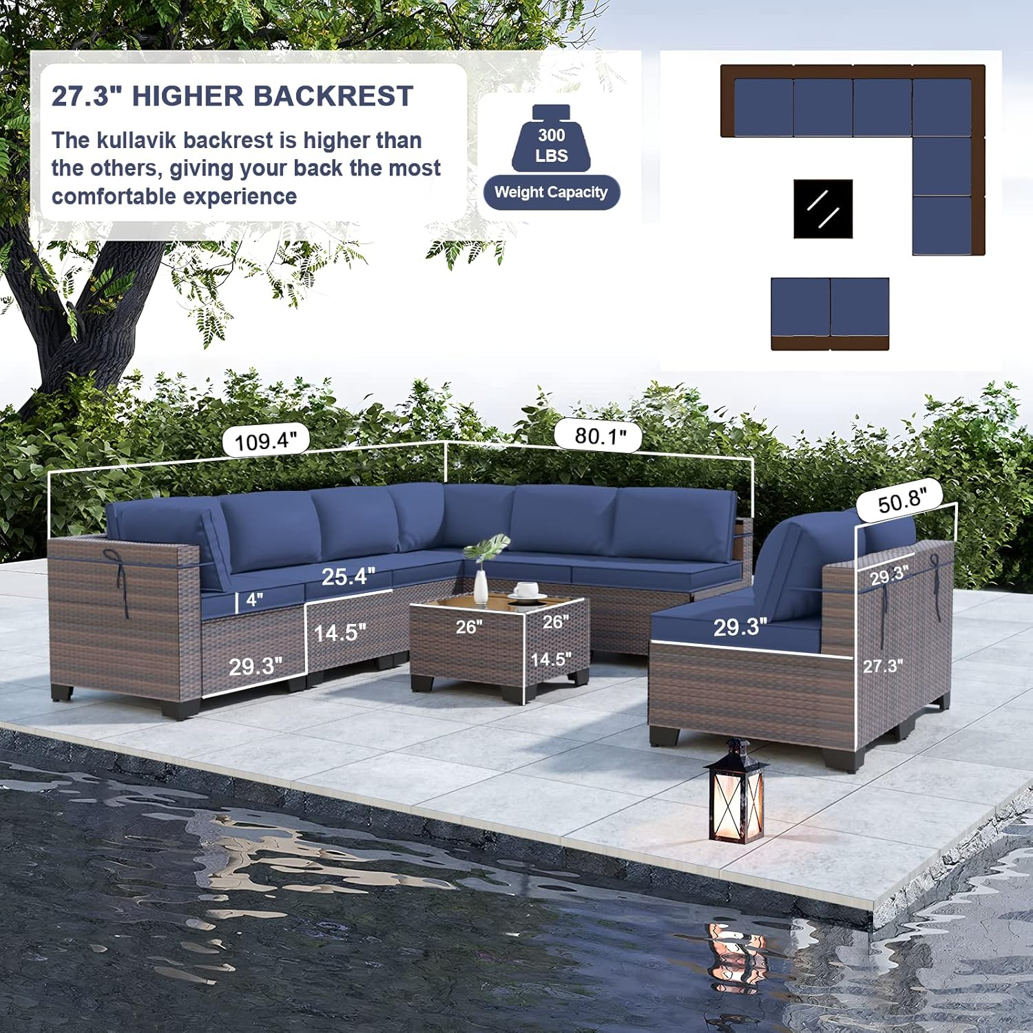Kullavik 9 Pieces Outdoor Patio Furniture Set Outdoor Sectional Rattan Sofa Set Brown Manual Wicker Patio Conversation Set with Navy Blue Cushions,1 Tempered Glass Tea Table and Cushions Covers