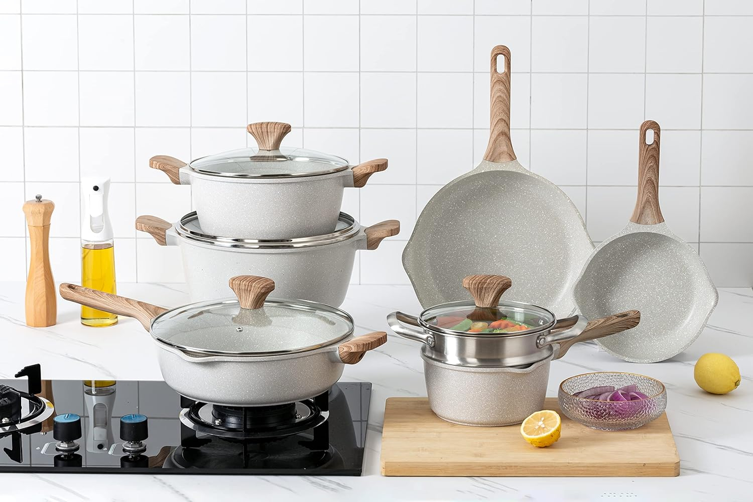 Country Kitchen 15-Pc Cast Aluminum Pots and Pans Set Non Stick Cookware Set, Cream