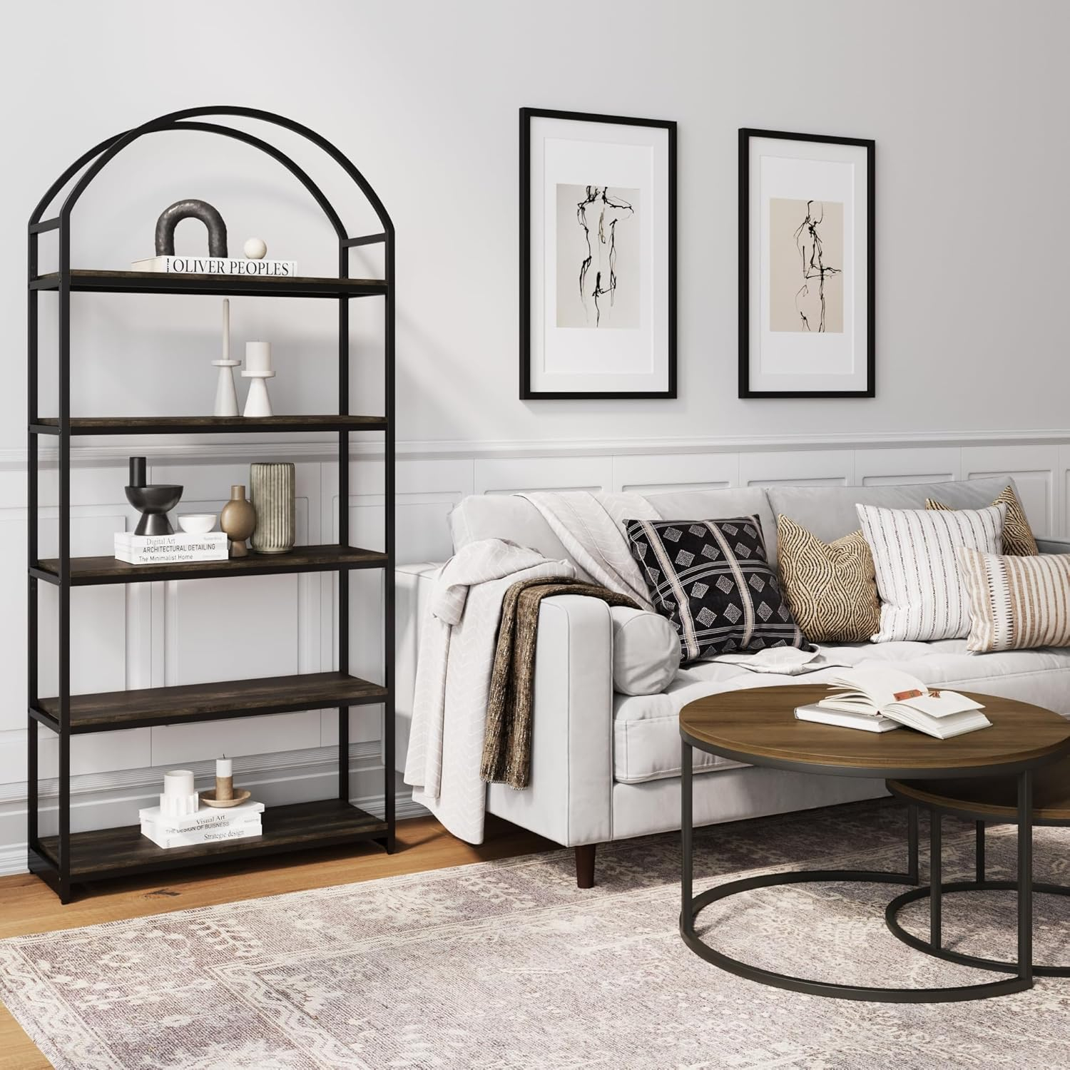 72" Black Matte Wood and Metal 5-Shelf Bookcase