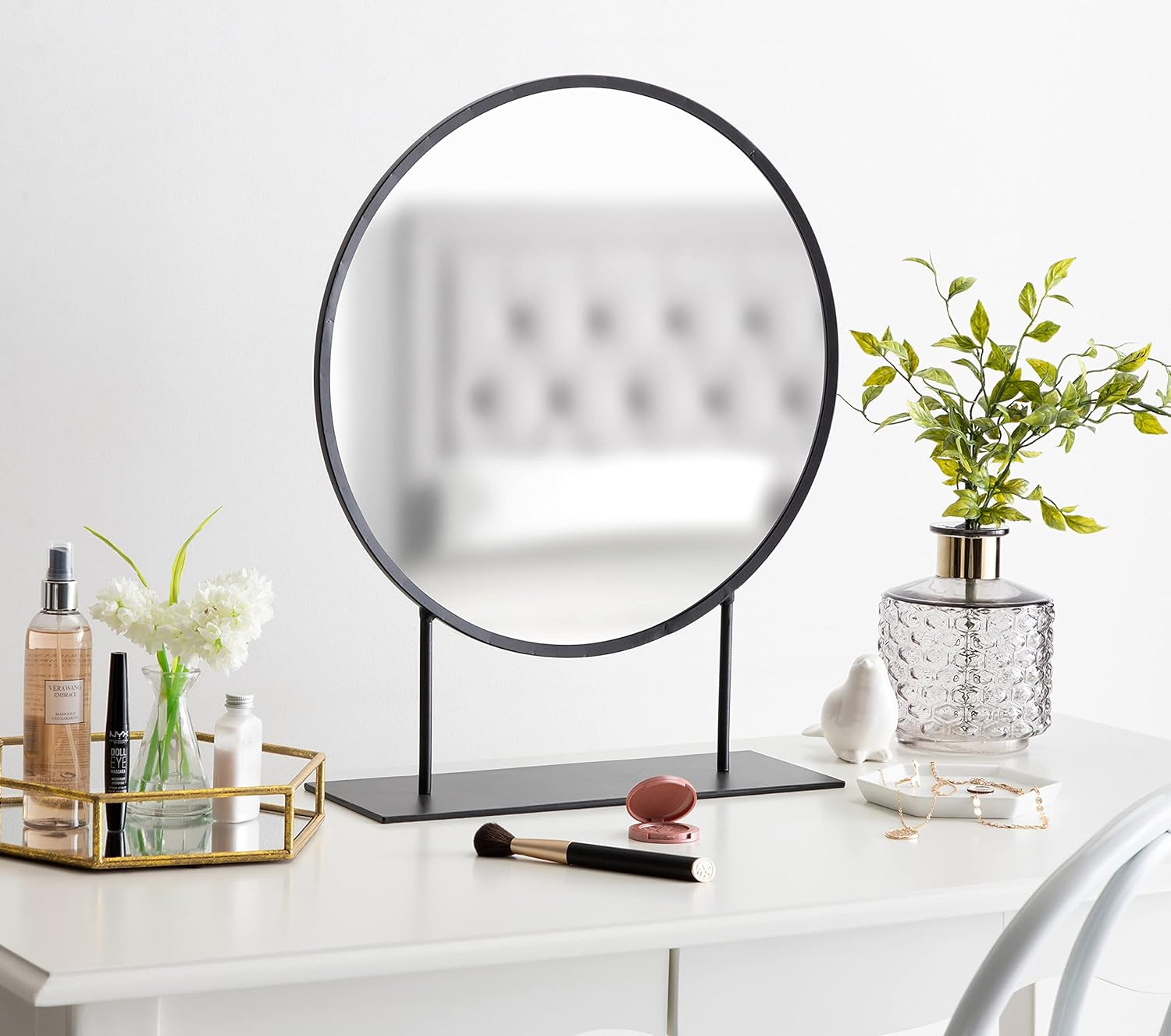 Kate and Laurel Rouen Modern Glam Round Metal Frame Table Mirror with Stand, Black