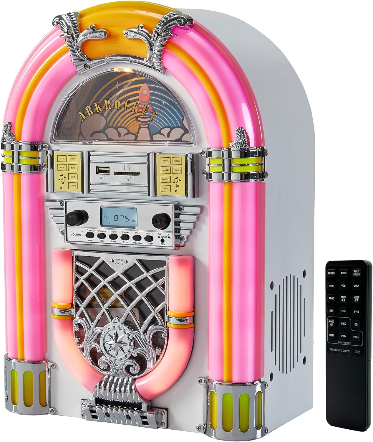Arkrocket Athena Mini Jukebox/Tabletop CD Player/Bluetooth Speaker/Radio/USB and SD Card Player with Retro LED Lighting System (Pink White)