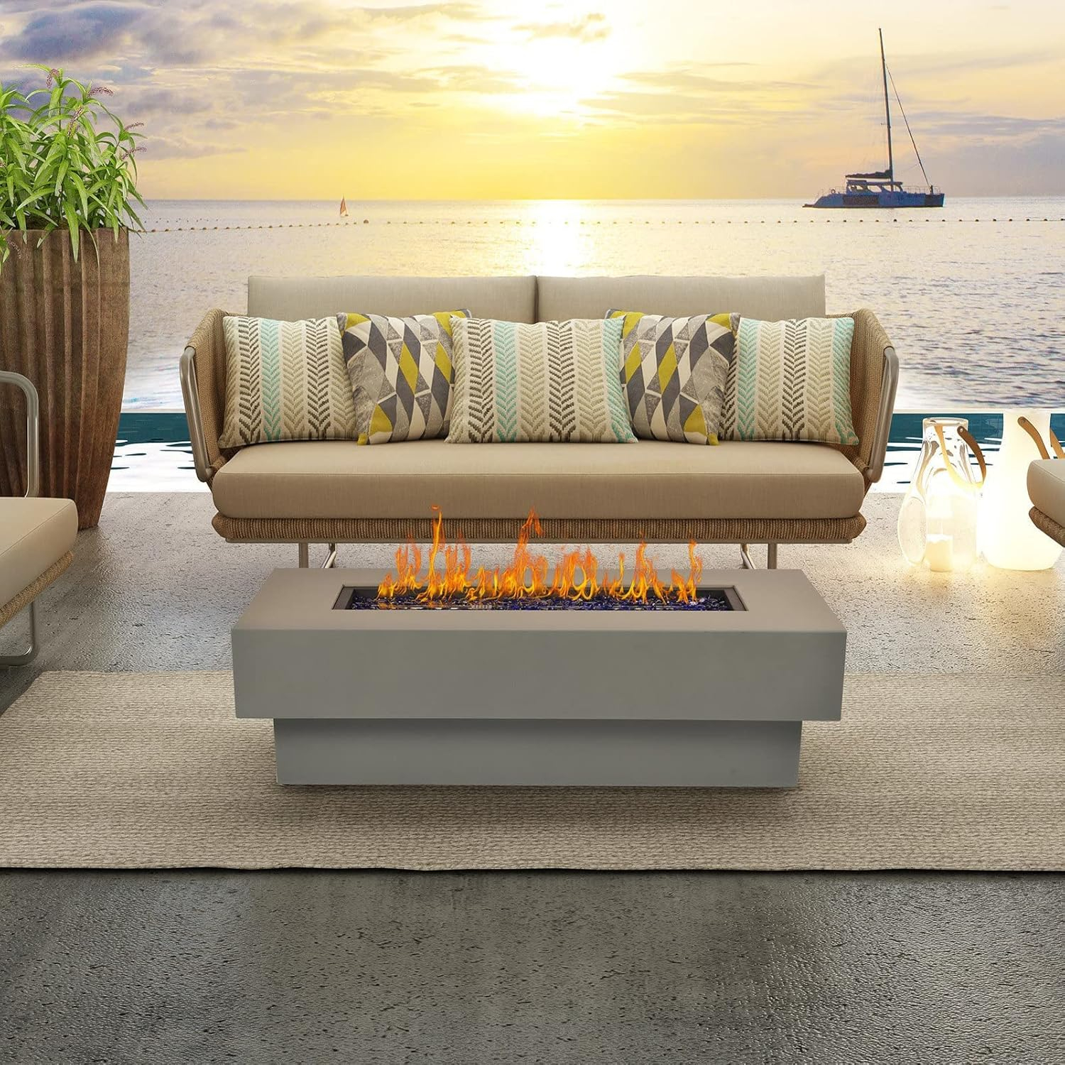 BAIDE HOME 32.5" Square Steel Low Profile Gas Fire Pit Table, 50,000 BTU Outdoor Propane Fire Pit with Lid, Glass Rocks, Cover, Pre-attached 10ft Propane Hose