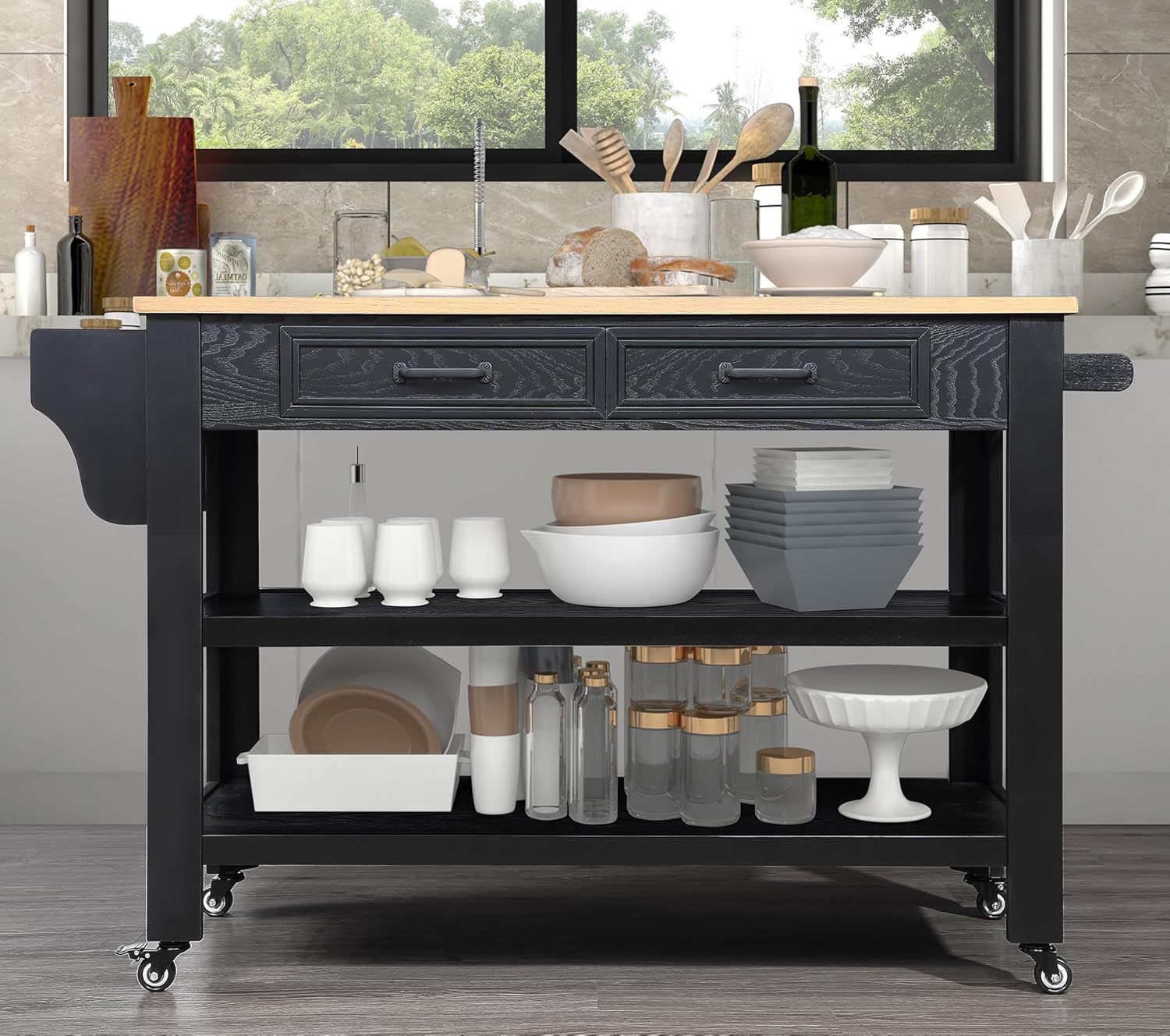 57 Inch Solid Wood Kitchen Island Cart,Solid Oak Wood Top Rolling Kitchen Cart with 2 Drawers,2 Storage Shelves,Wine and Spice Rack,Black
