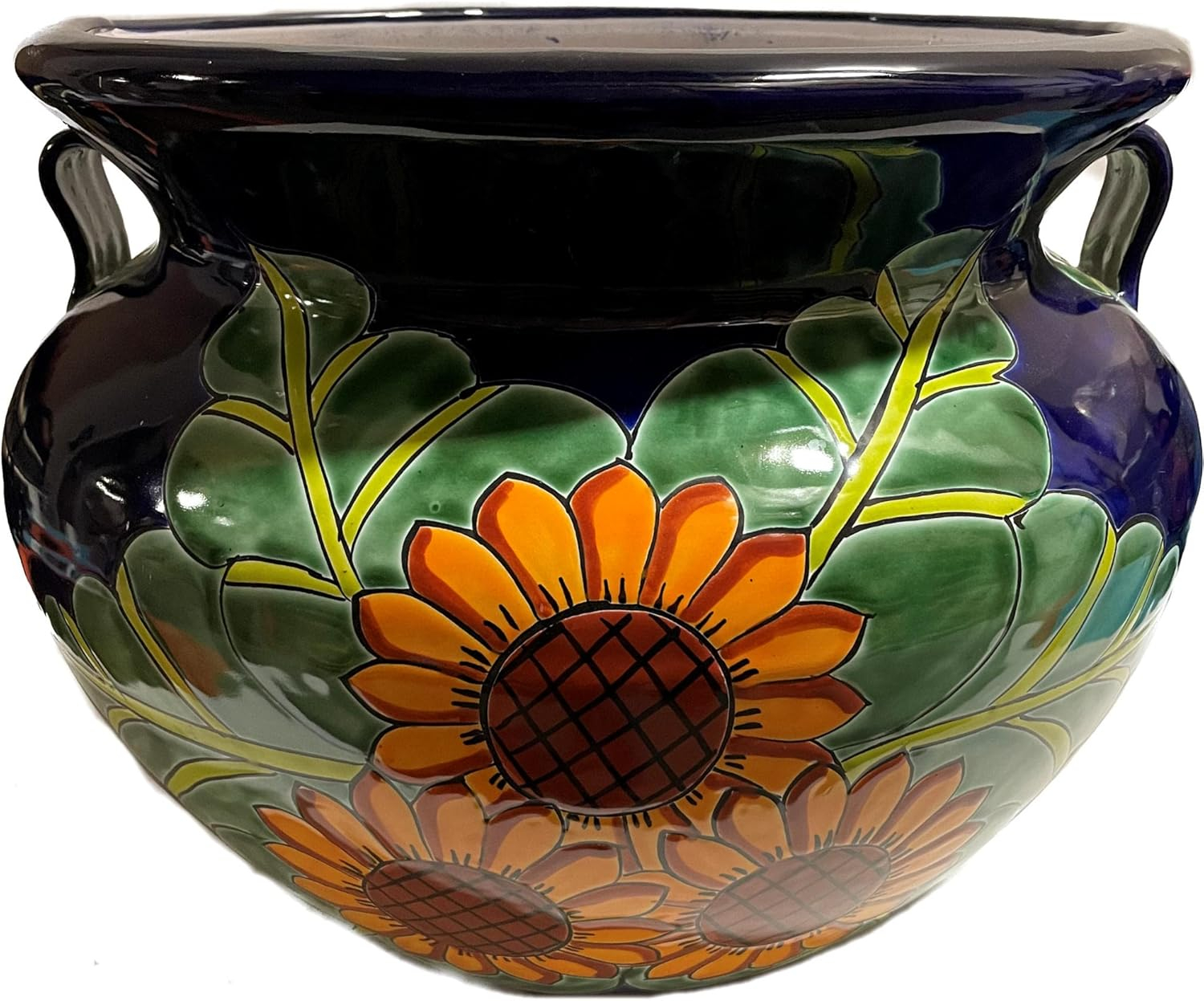 Large Blue and Green Ceramic Sunflower Garden Pot with Drainage Hole