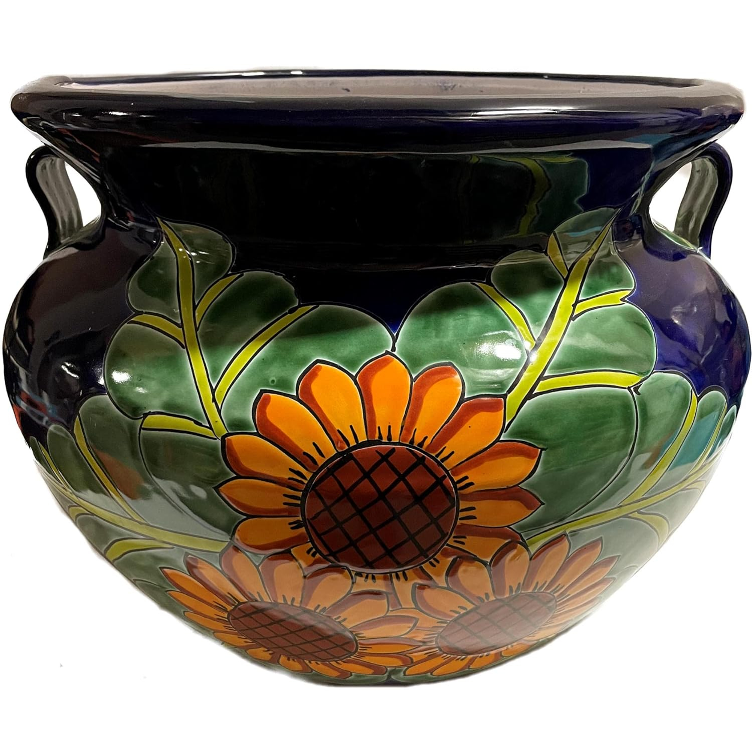 Large Blue and Green Ceramic Sunflower Garden Pot with Drainage Hole