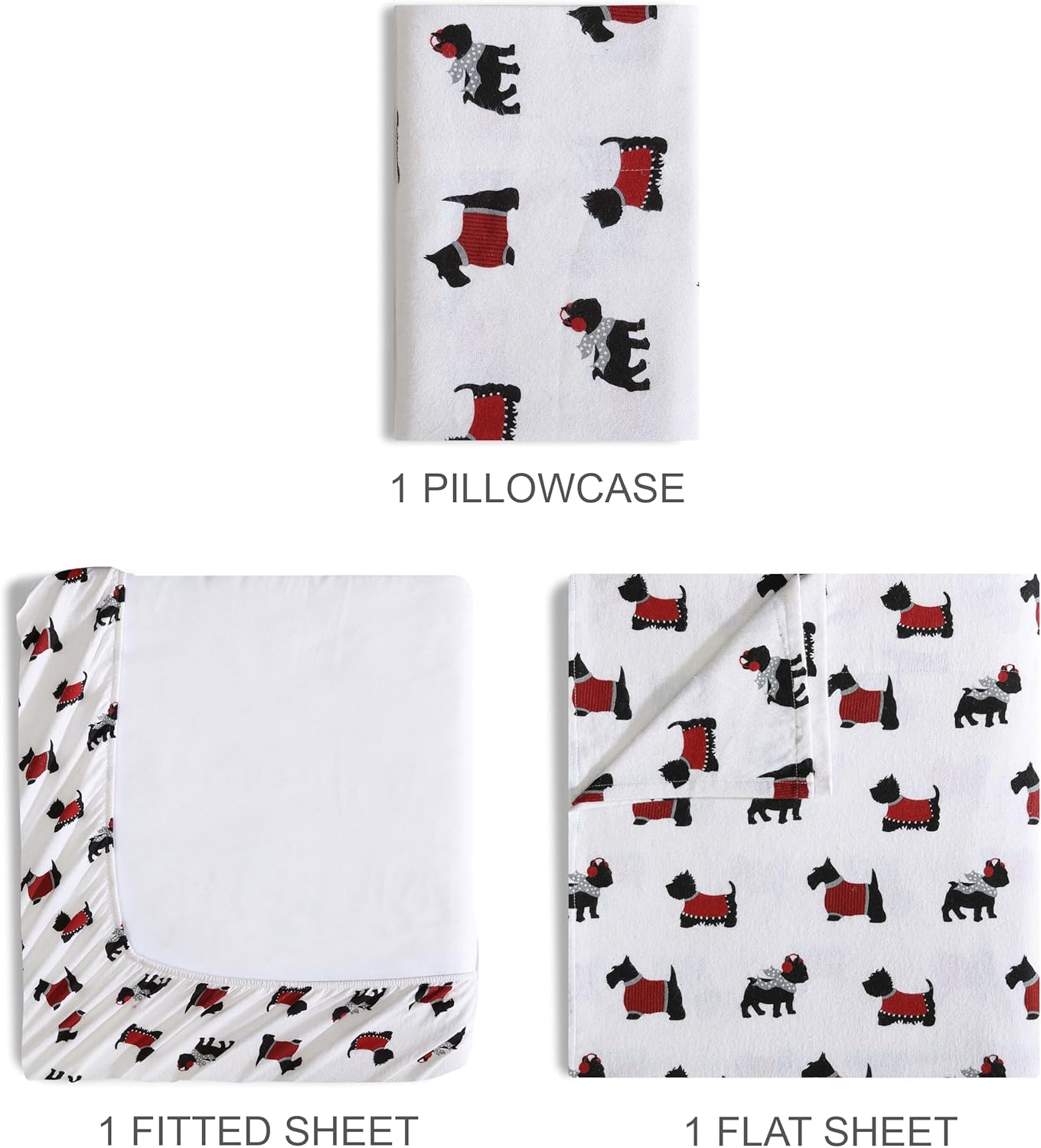 Beatrice Home Fashions 3-Piece Winter Holiday Flannel Sheet Set, Soft, Cozy, 100% Cotton, 15-inch Deep Pockets, Twin, Warm Doggies Red