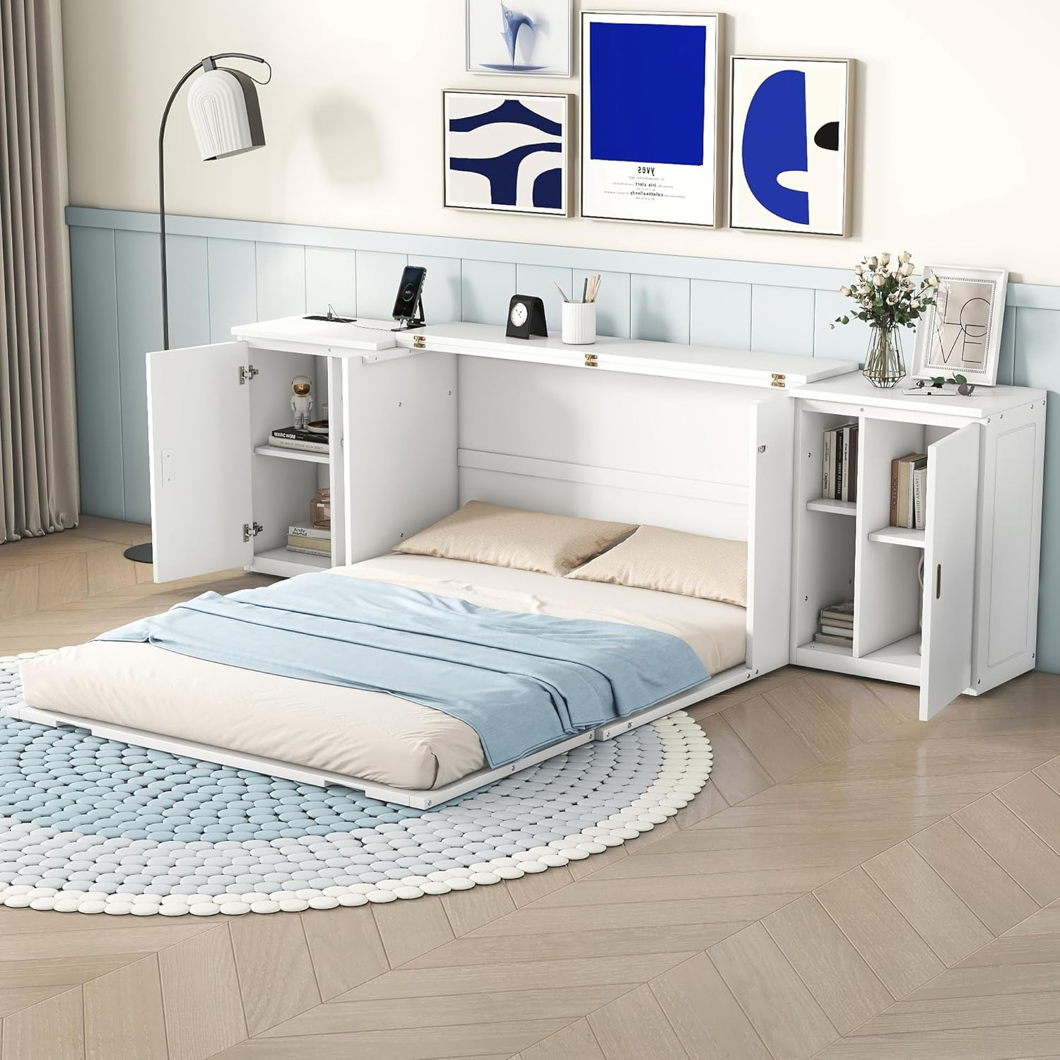 Queen Size Murphy Bed with Shelves, Cabinets and USB Ports, Space-Saving Wall Bed Frames