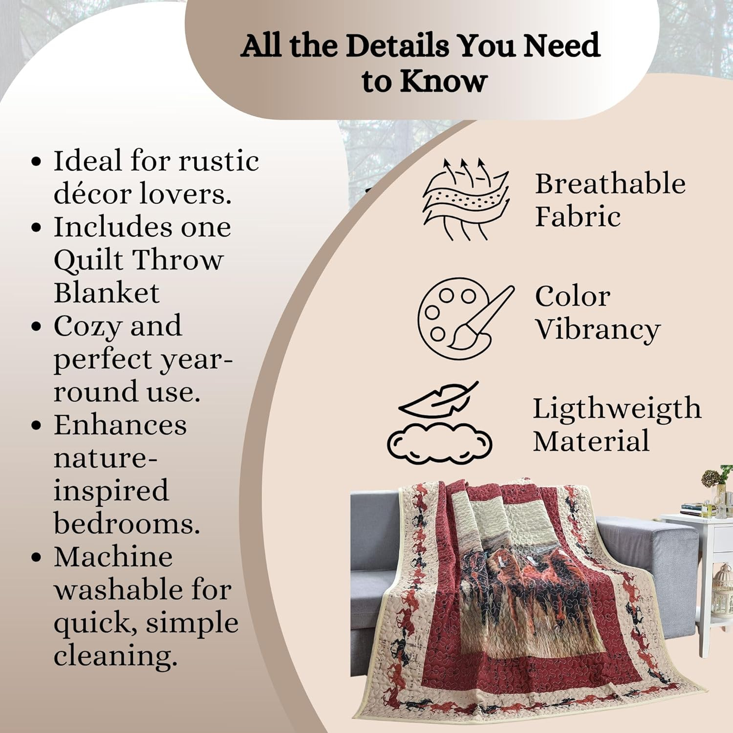 BestGiftEver Quilt Throw Blanket with Unique Running Wild Horses Print Design - Rustic Lodge Ranch Cabin Forest Hunting Bedding 50" x 60" - Western Style Lightweight CoverCouch Accent