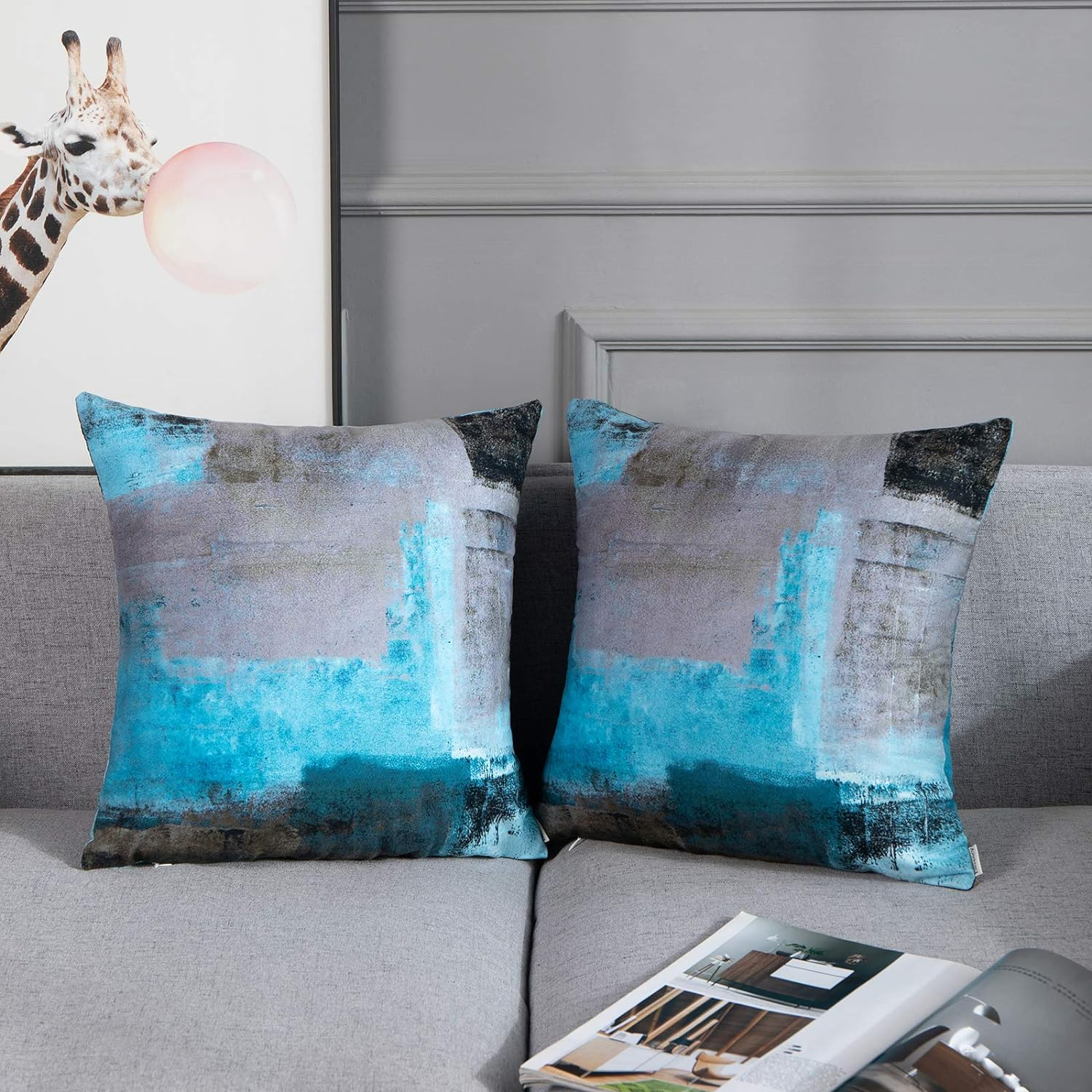 Britimes Throw Pillow Covers Modern Home Art Decor, 18 x 18 Inches Set of 2 Pillow Cases Decorative, Abstract Oil Painting Pillowcases for Bedroom, Living Room, Cushion Couch Sofa, Teal Grey