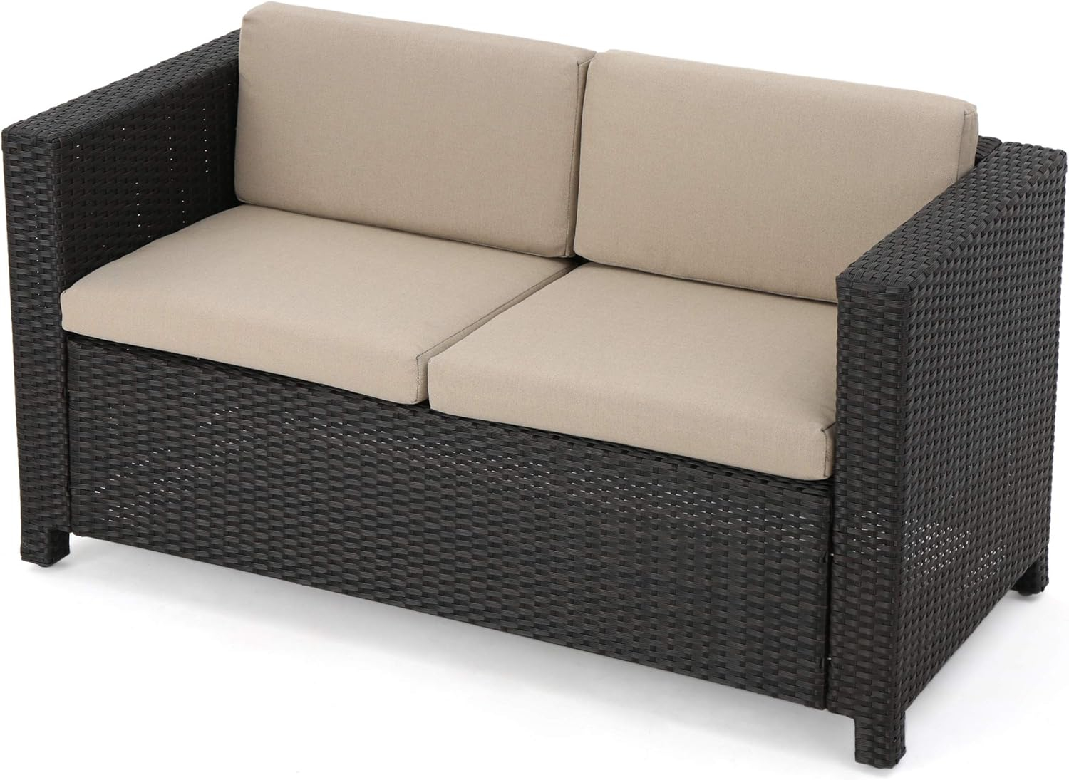 Lorelei Outdoor Wicker Loveseat with Cushions, Dark Brown and Beige