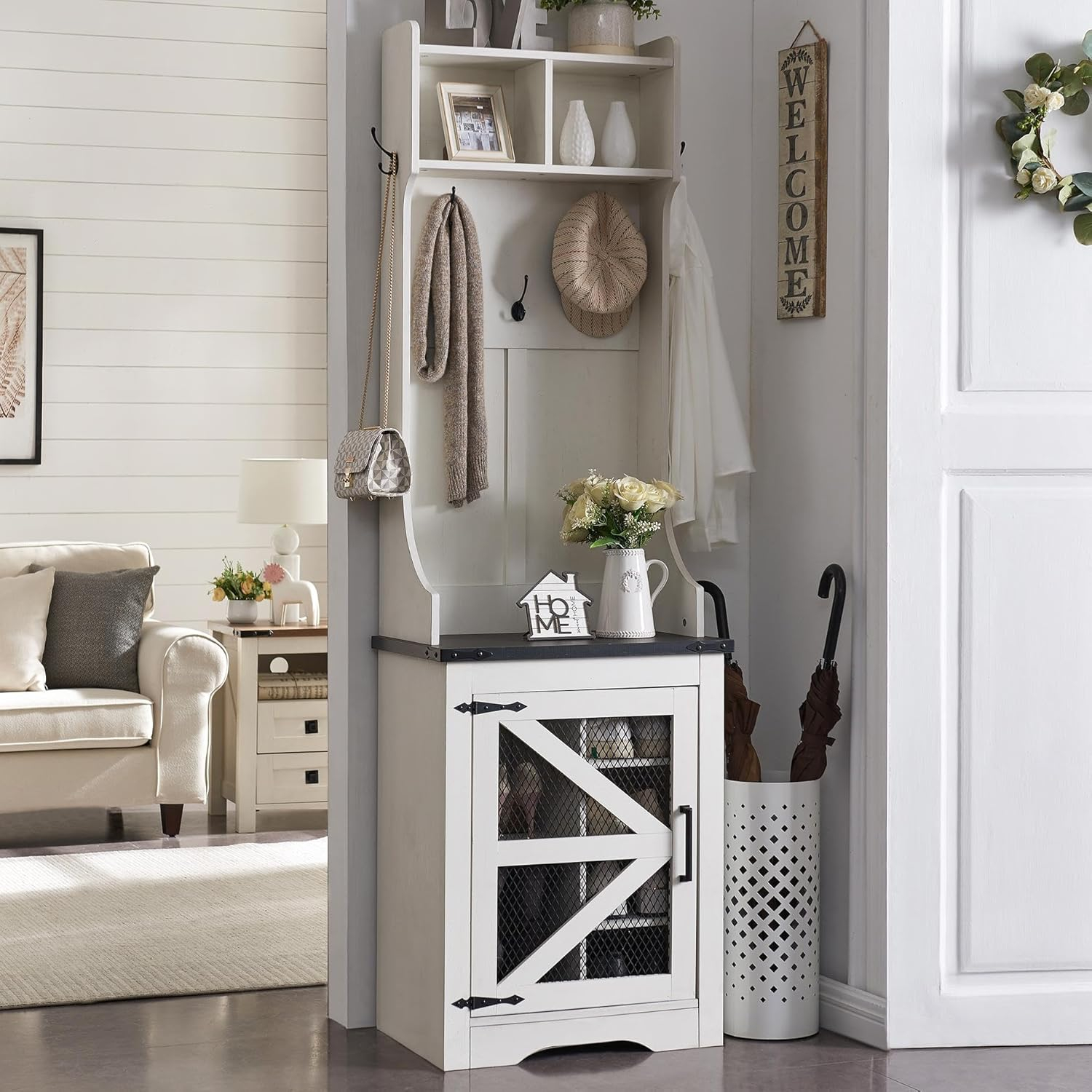 T4TREAM Farmhouse Entryway Hall Tree with Bench and Shoe Storage, Coat Rack with Coat Hooks, White