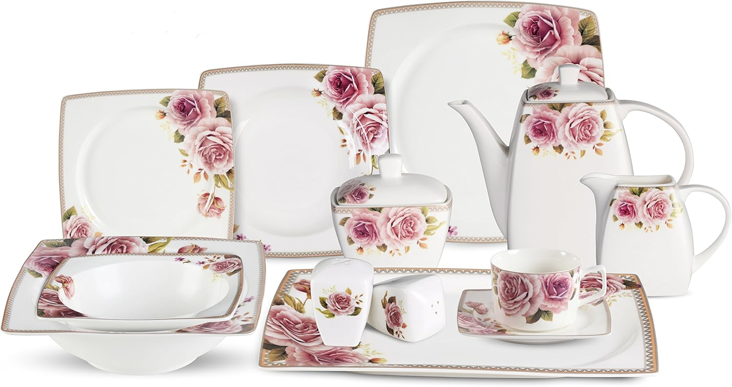 Stylish and Elegant 57 Pieces Bone China Dinnerware Set Service for Hosting Parties and Events for 8 People - Loretta, 57 Piece