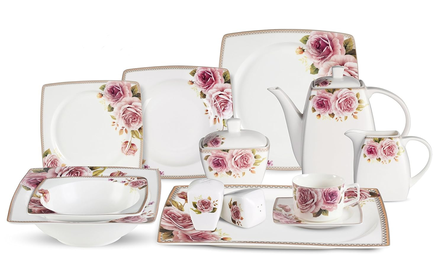 Stylish and Elegant 57 Pieces Bone China Dinnerware Set Service for Hosting Parties and Events for 8 People - Loretta, 57 Piece
