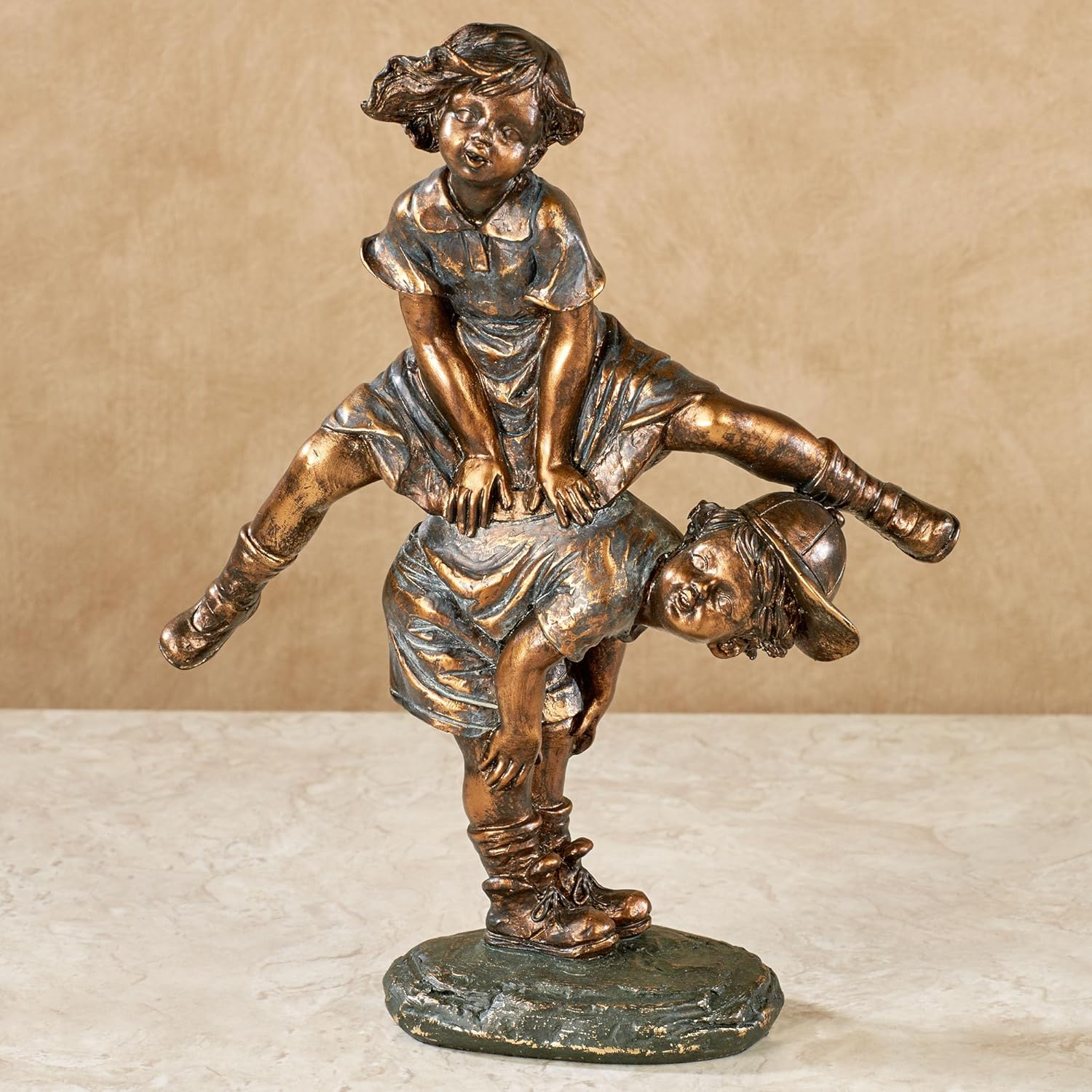 Touch of Class Leap Frog Boy and Girl Playing Children Tabletop Collectible Figurine Gold Bronze 8.5" Wx4 Dx11 H