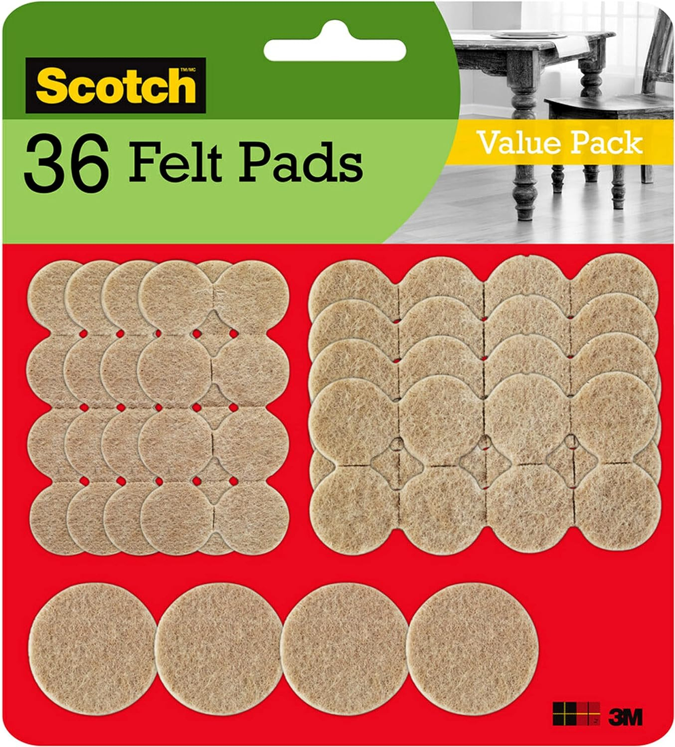 Scotch Round Felt Pads Value Pack, Beige, Furniture Bumpers, 36 Assorted Pack