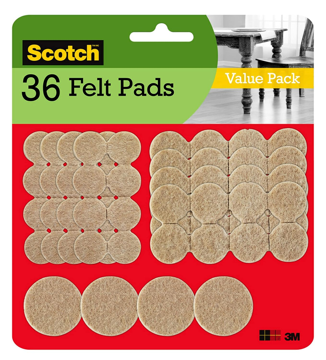 Scotch Round Felt Pads Value Pack, Beige, Furniture Bumpers, 36 Assorted Pack