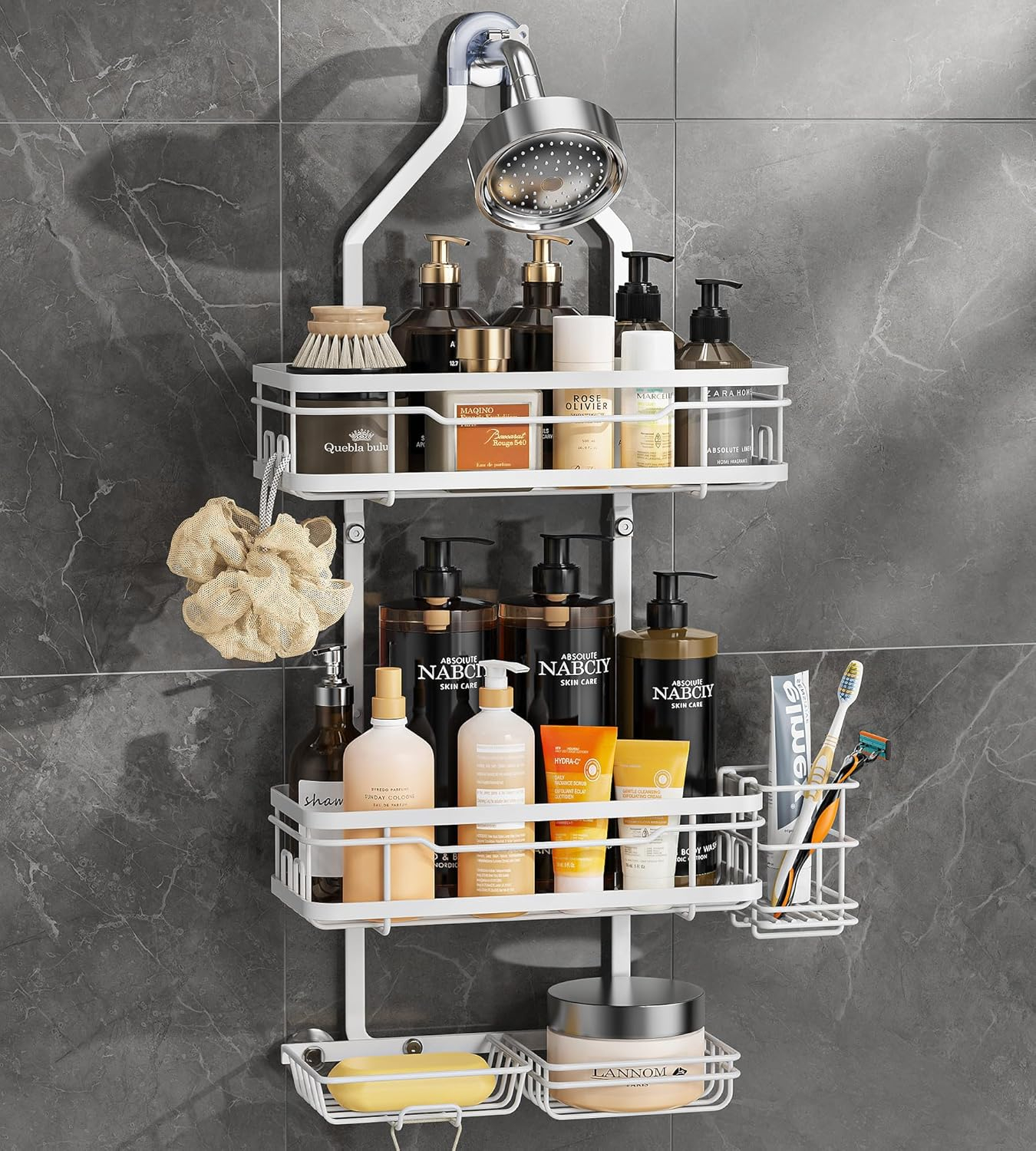 OMAIRA 5-Pack Shower Caddy Hanging Organizer, Stainless Steel Rust-free No Drilling Adjustable Non-Slip Non-Shake Bathroom Caddy Organizer storage for Inside Bath Over Shower Head Rack Holder,Silver