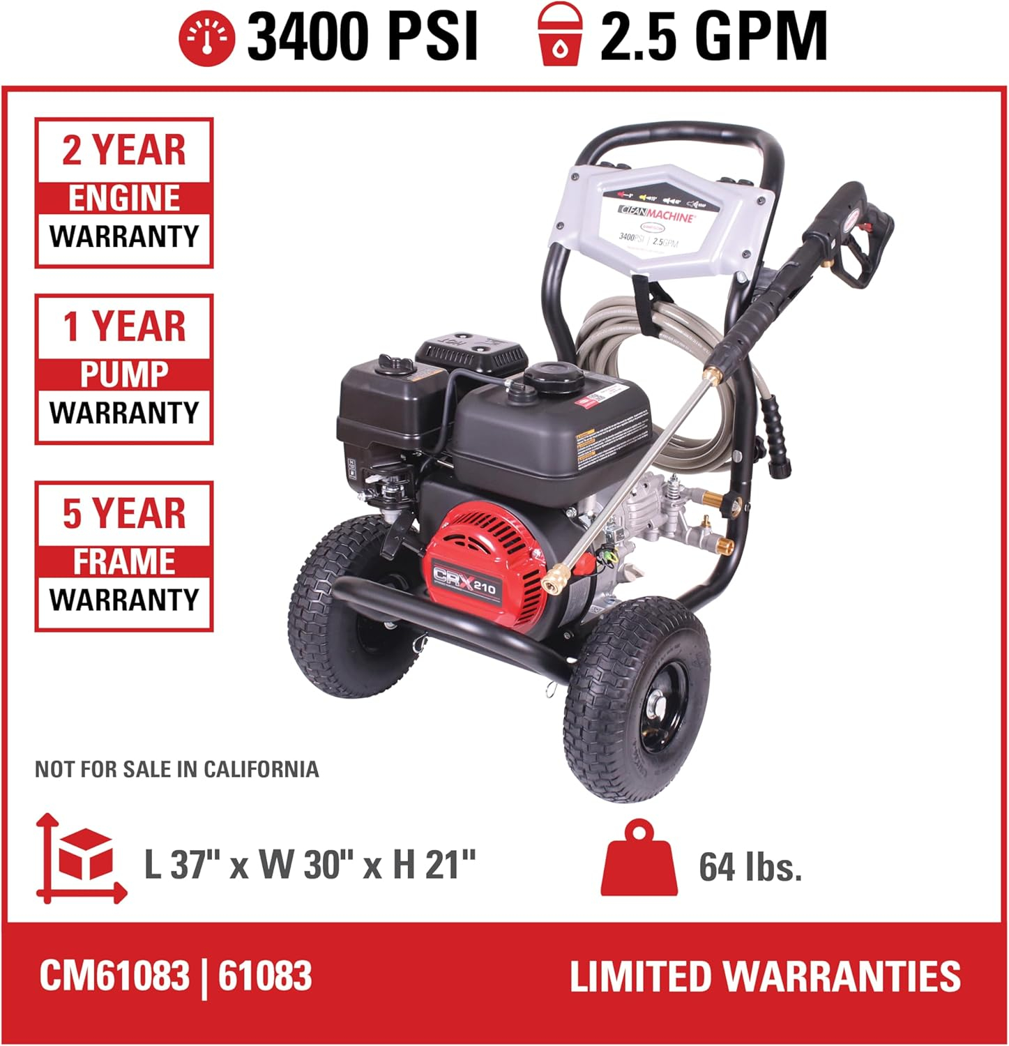 3400 Psi at 2.5 GPM with OEM Technologies™ Axial Cam Pump Cold Water Gas Pressure Washer