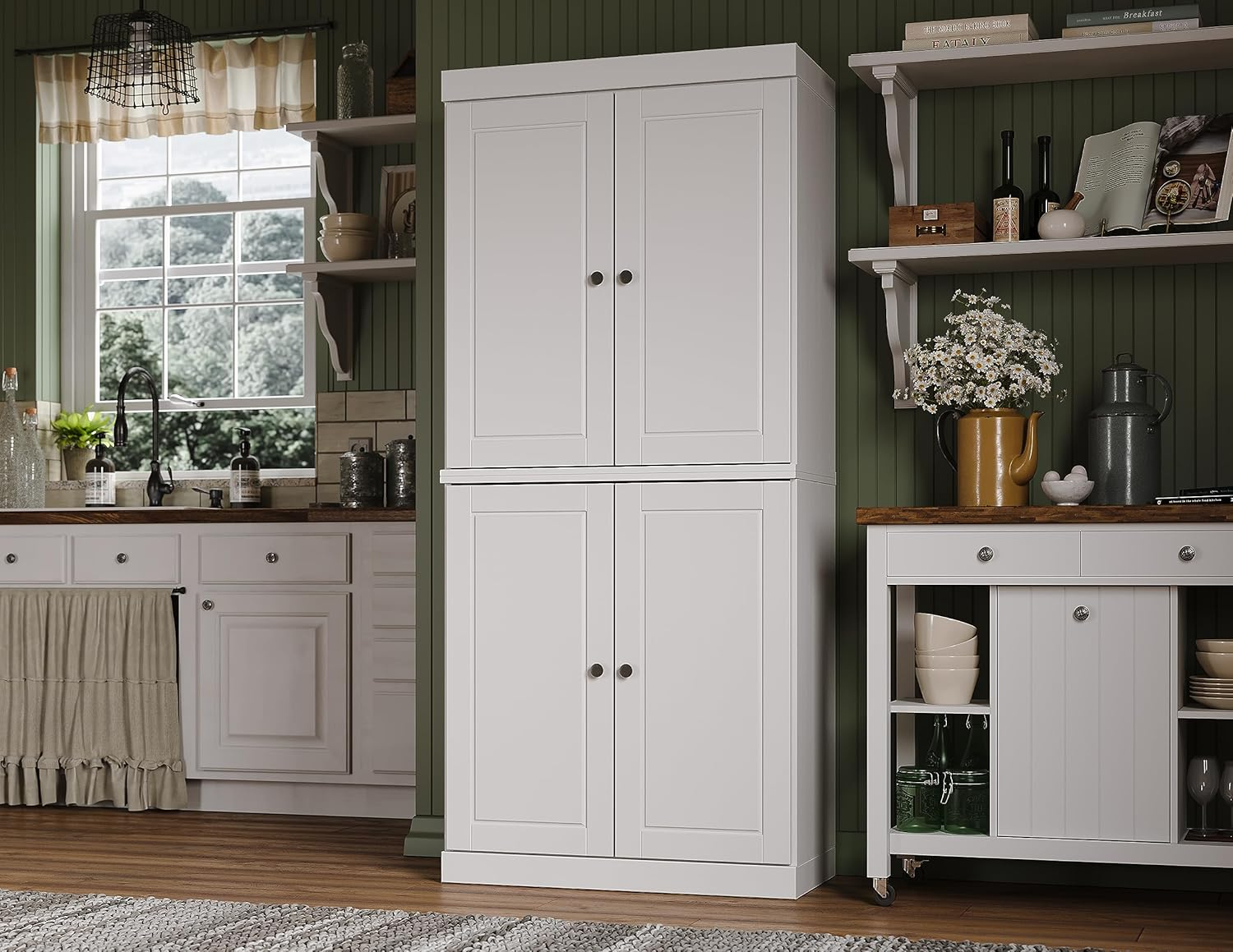 Palace Imports 100% Solid Wood Kitchen Pantry Storage Cabinet with Doors and Adjustable Shelves, White