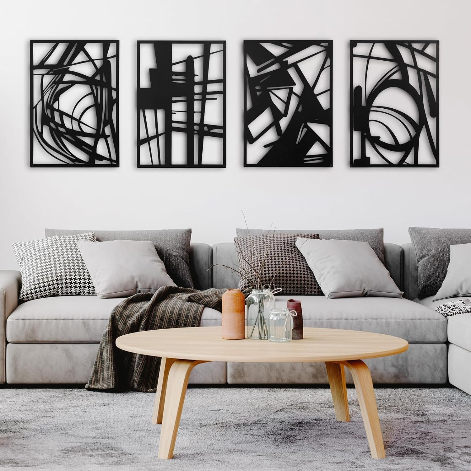 WINUSD 4Pcs Abstract Black Metal Wall Art, 3D Textured Metal Wall Decor, Modern Hollow Out Design Metal Wall Sculptures, Minimalist Line Art Home Decor for Living Rooms Offices Restaurants(16 x 11)