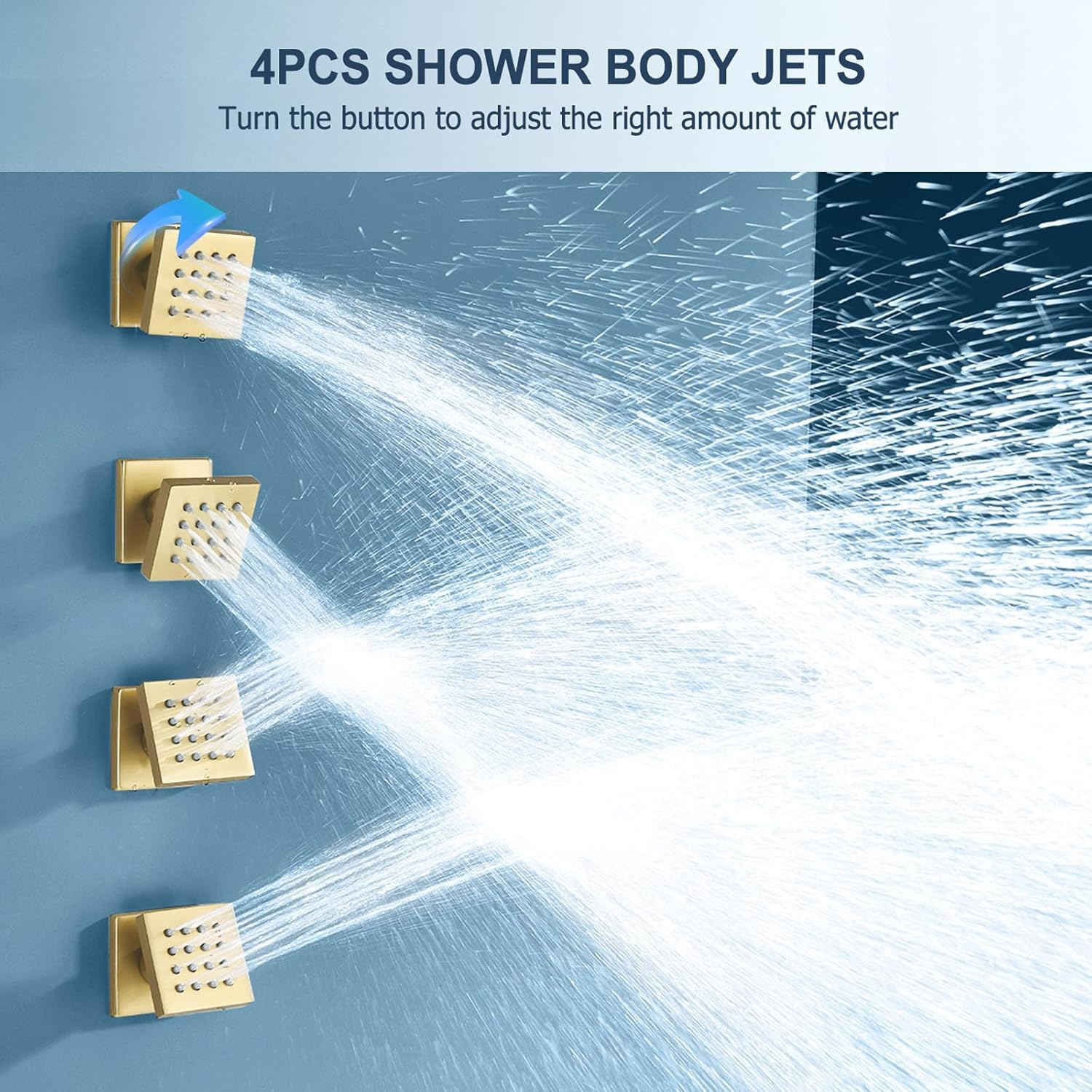 Shower Body Spray Jets with On Off 4PCS Square Shower Body Jet Brass Head Spray Spa Massage Body Shower Side Wall Spray Jets-Flow Cotrol (Brushed Gold)