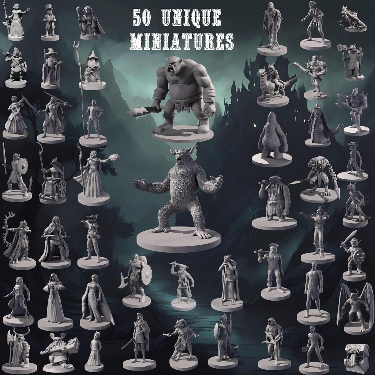 50 Unique Miniatures Fantasy Tabletop RPG Figures for Dungeons and Dragons, Pathfinder Roleplaying Games. Bulk unpainted, Great for D&D