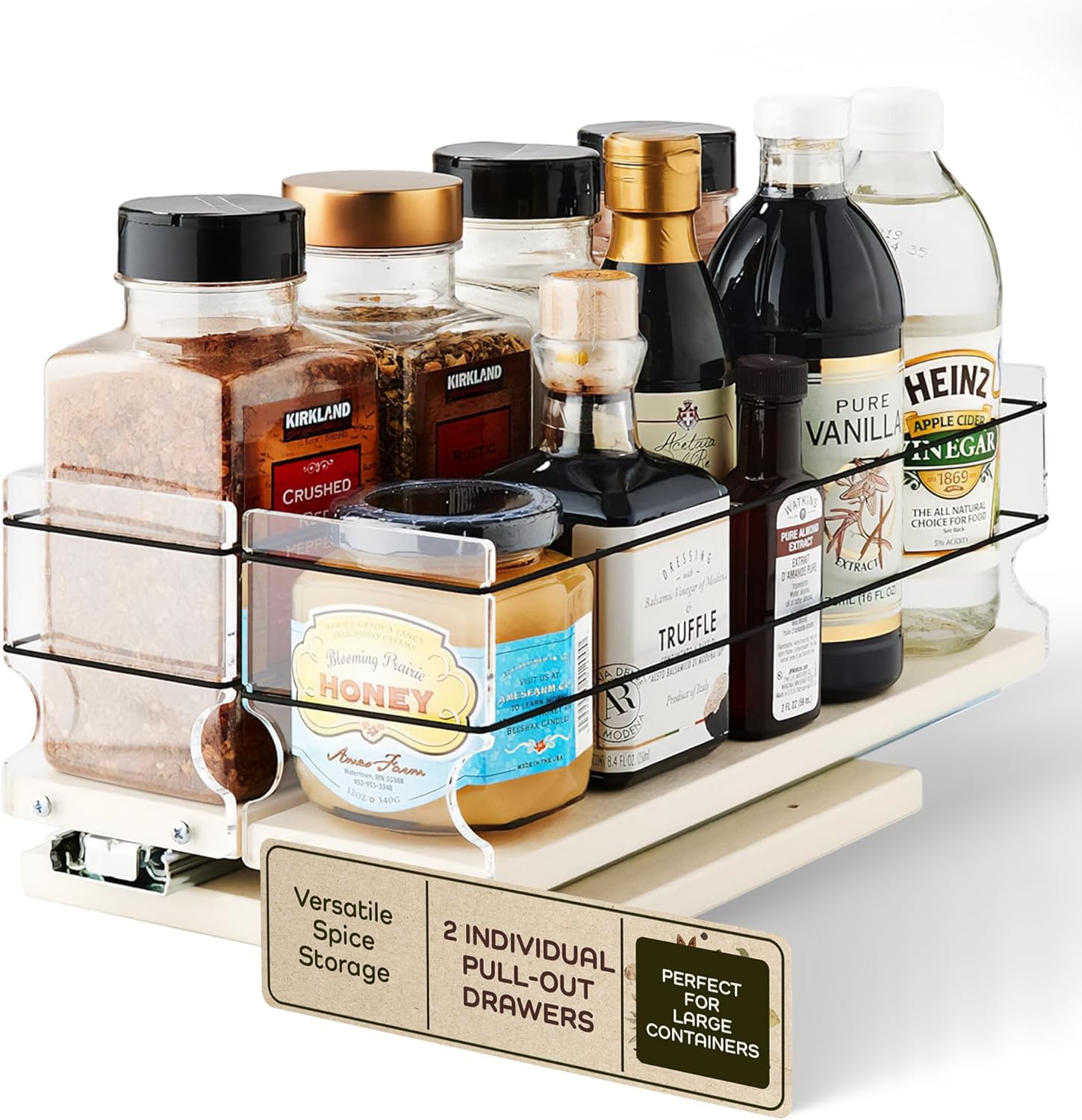 Vertical Spice 13.8" Depth Heavy Duty Pull Out Spice Rack Drawer - 2 Drawers, Mix Containers - Sliding Cabinet & Pantry Organizer - Kitchen Cupboard Storage Rack (6.9''W x 5.0" H x 13.8''D, Cream)
