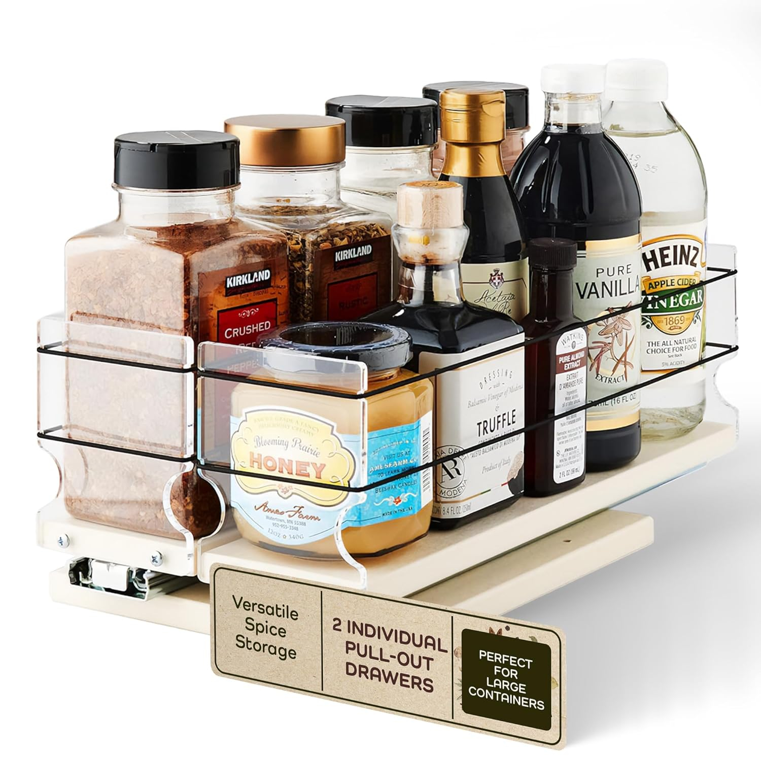 Vertical Spice 13.8" Depth Heavy Duty Pull Out Spice Rack Drawer - 2 Drawers, Mix Containers - Sliding Cabinet & Pantry Organizer - Kitchen Cupboard Storage Rack (6.9''W x 5.0" H x 13.8''D, Cream)