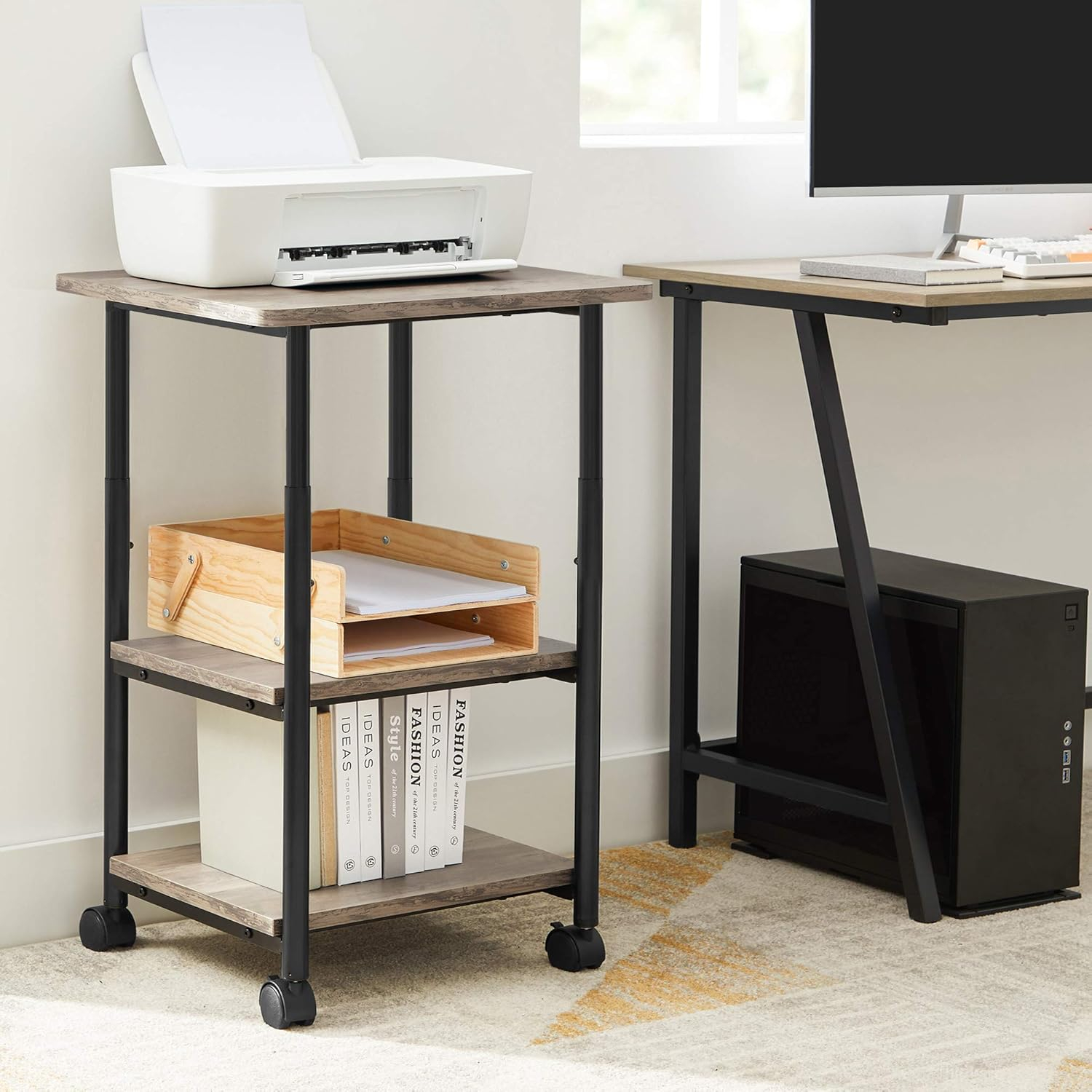 VASAGLE Printer Stand with Locking Wheels, 3-Tier Shelf, Industrial Under Desk Heavy-Duty Mobile Cart for Home Office, Heather Greige and Black UOPS003B02