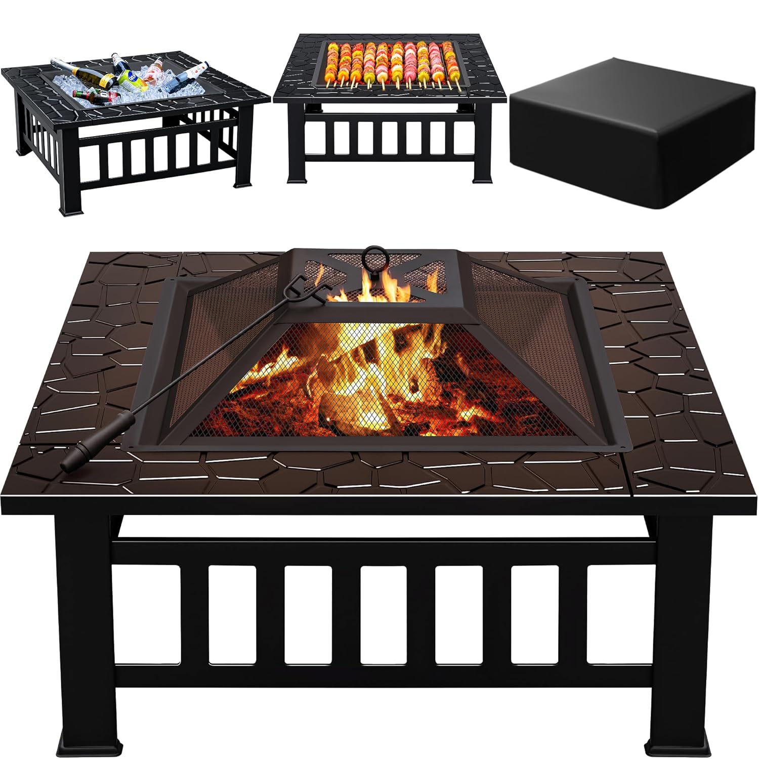 32'' Black Square Metal Fire Pit Table with Spark Screen and Rain Cover