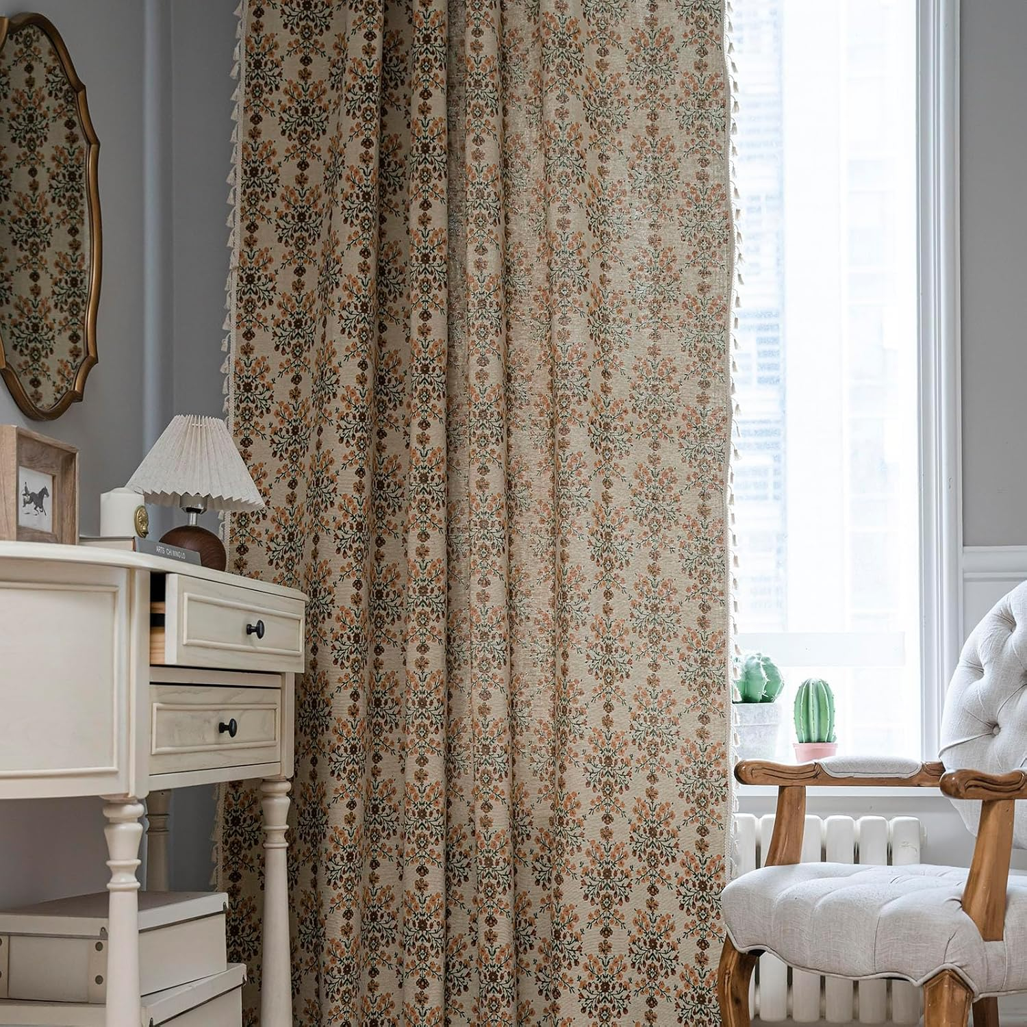 Floral Curtains 63 Inch Length 2 Panels Vintage Flower Patterned Drapes Boho Short Semi Sheer Tassel Rustic Country Rod Pocket Botanical Farmhouse Window Curtain Panels for Bedroom Living Room