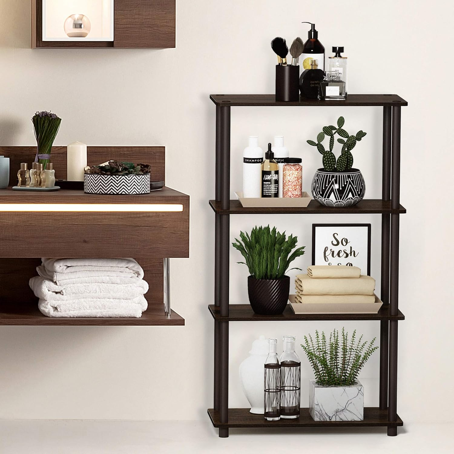 99557WN-BR Turn-N-Tube 4-Tier Multipurpose Shelf Display Rack - Walnut & Brown