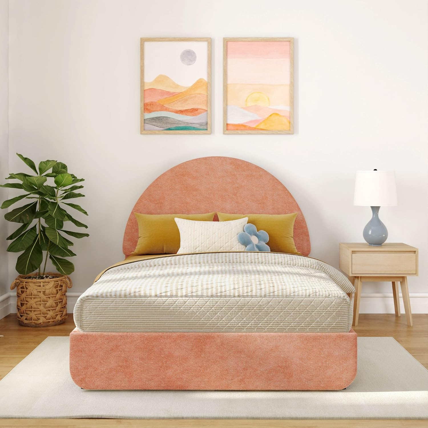 Max & Lily Upholstered Full Bed Frame with Arch Headboard, Upholstered Platform Bed for Kids, No Box Spring Needed, Easy Assembly, Dusty Rose