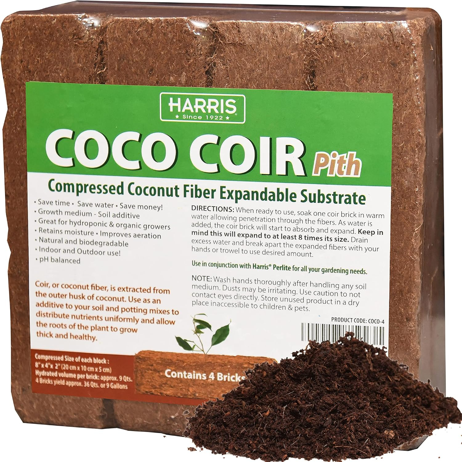 Harris COCO-4 Coco Coir Coconut Fiber Potting Mix - 4 lbs - Case of 4